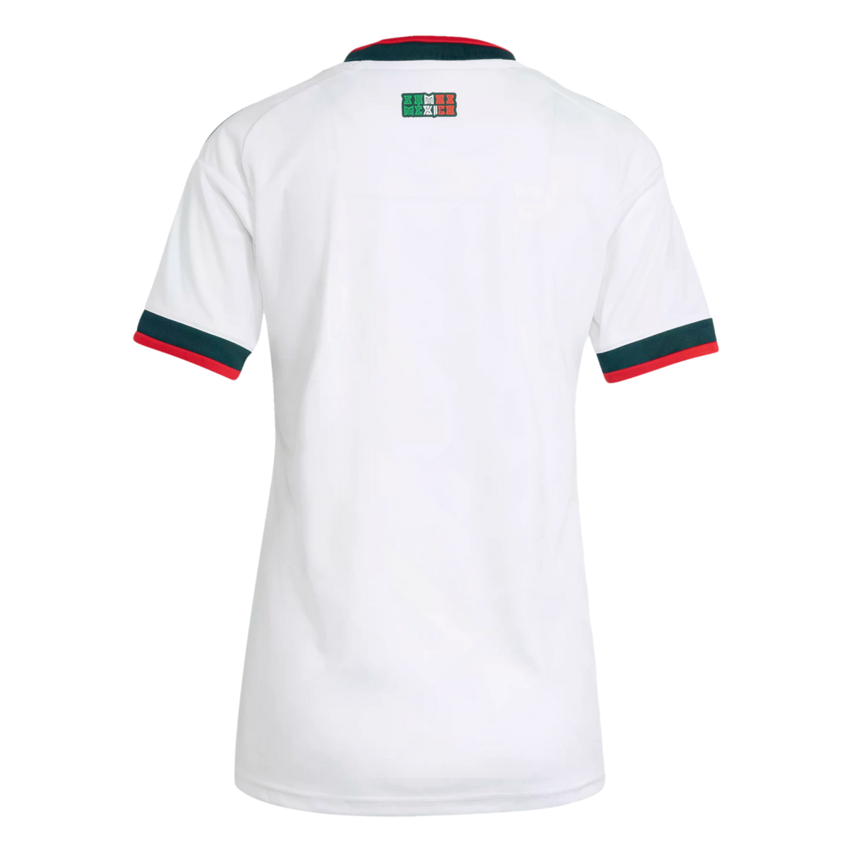 The back view of a white short-sleeve jersey with green and red trim on the collar and cuffs, featuring a small "Somos México" graphic centered at the top back.