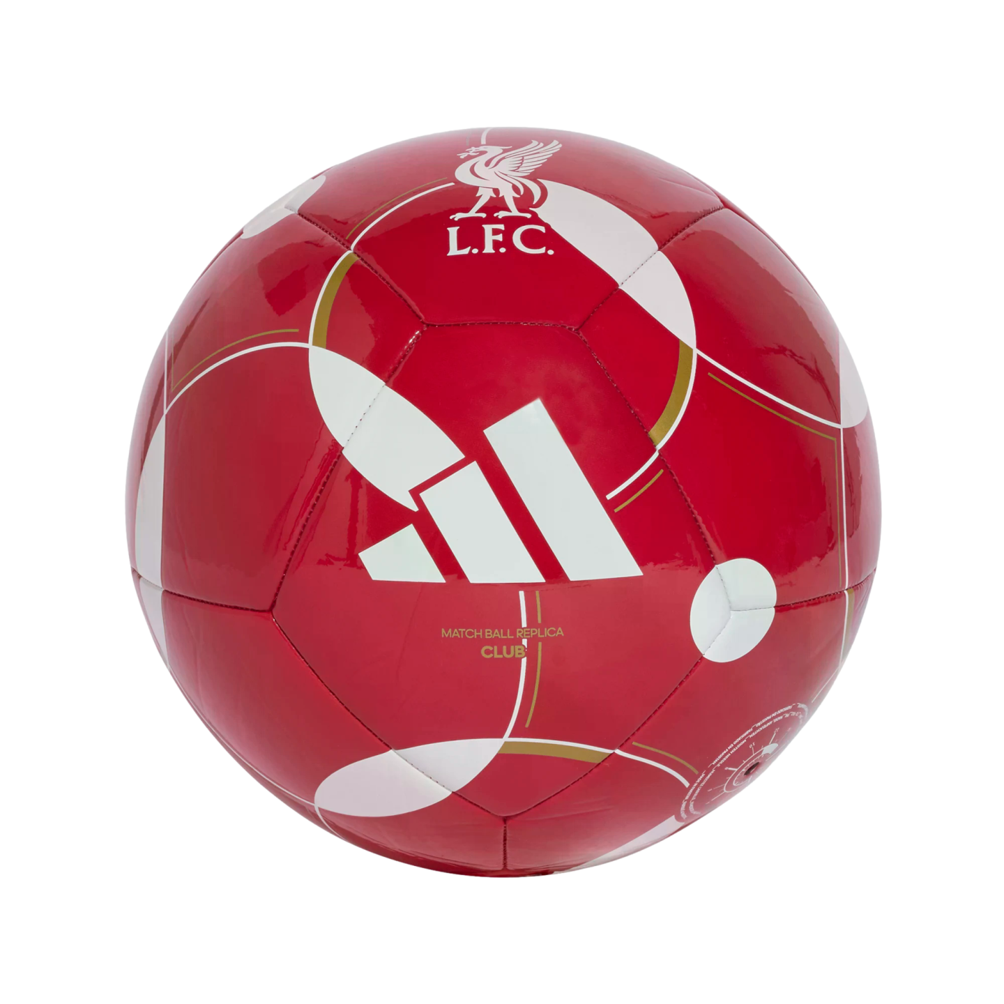Red Adidas Liverpool FC replica soccer ball featuring white logos and gold accents on a black background.