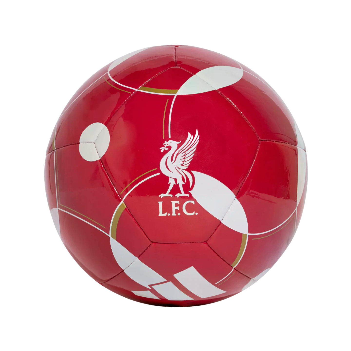 Red Liverpool F.C. soccer ball featuring the white Liver Bird crest, "L.F.C." text, gold accents, and white geometric patterns on a black background.