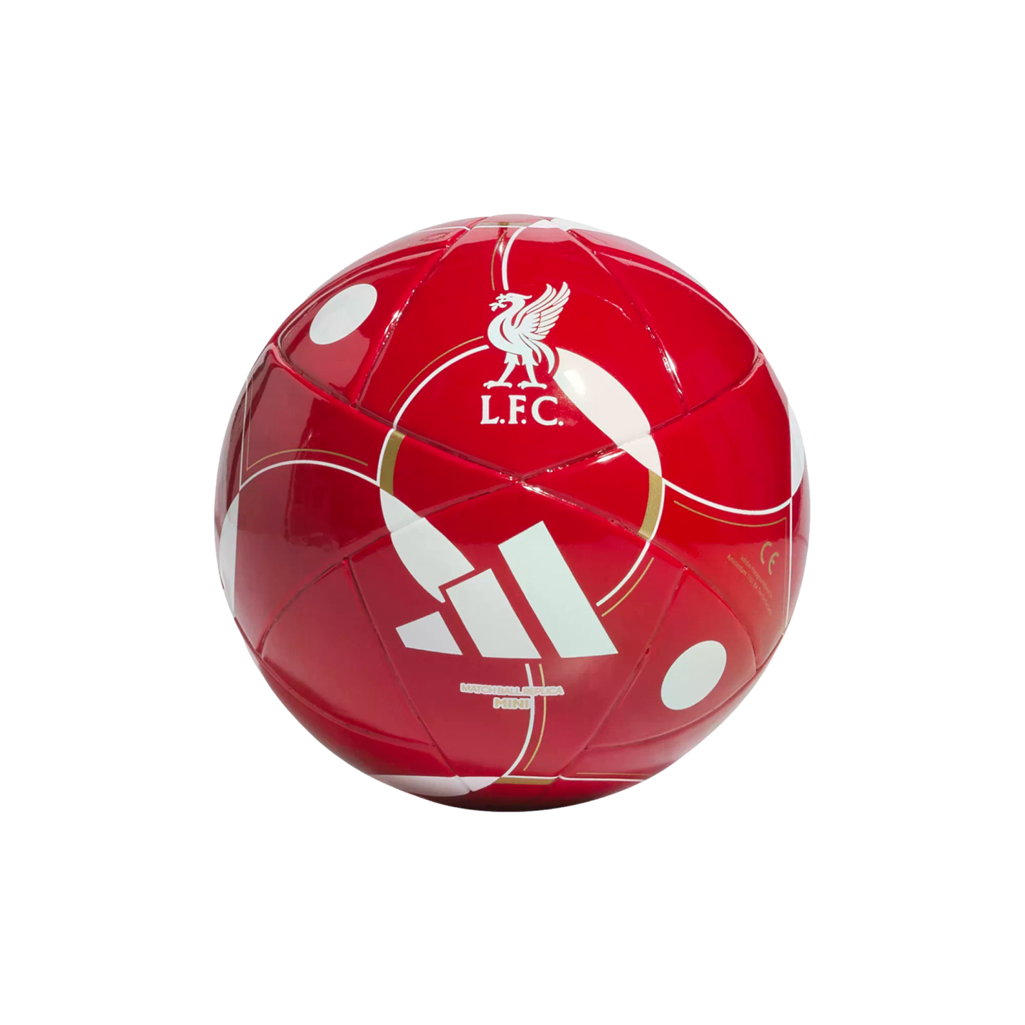 Red Liverpool FC mini soccer ball featuring the white club crest, Adidas logo, and gold geometric details.