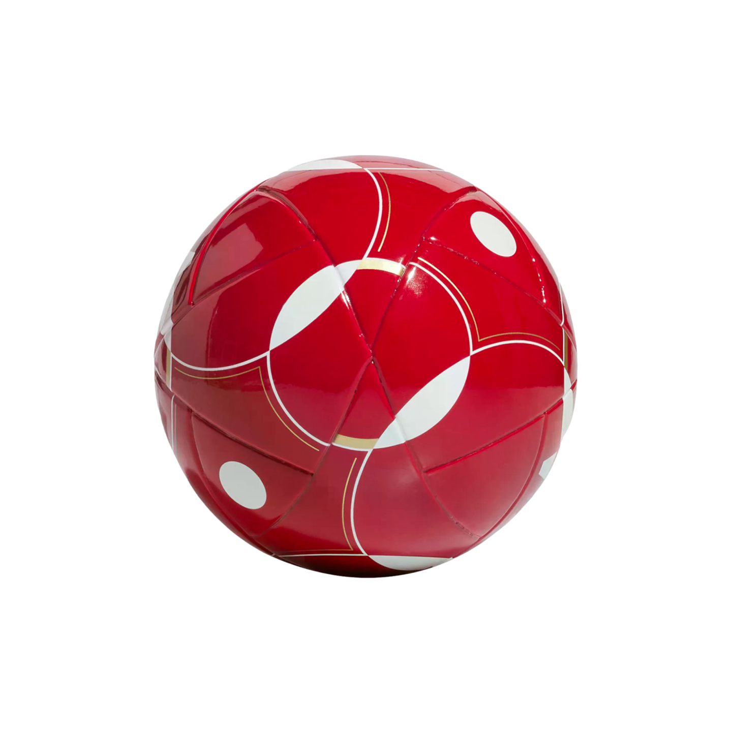 Red soccer ball with white circular patterns and gold trim, isolated on a black background.