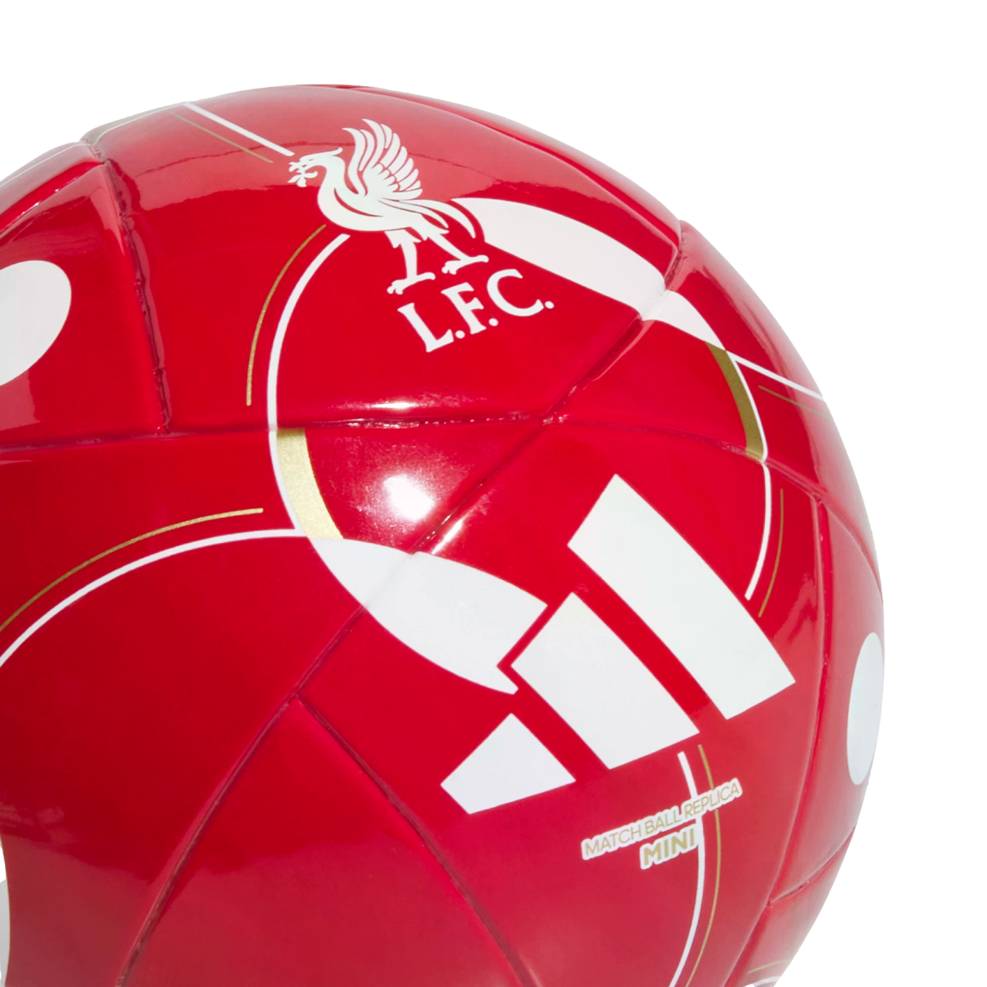 Close-up of a red Liverpool FC mini soccer ball featuring the club's white Liver bird crest and the Adidas logo.