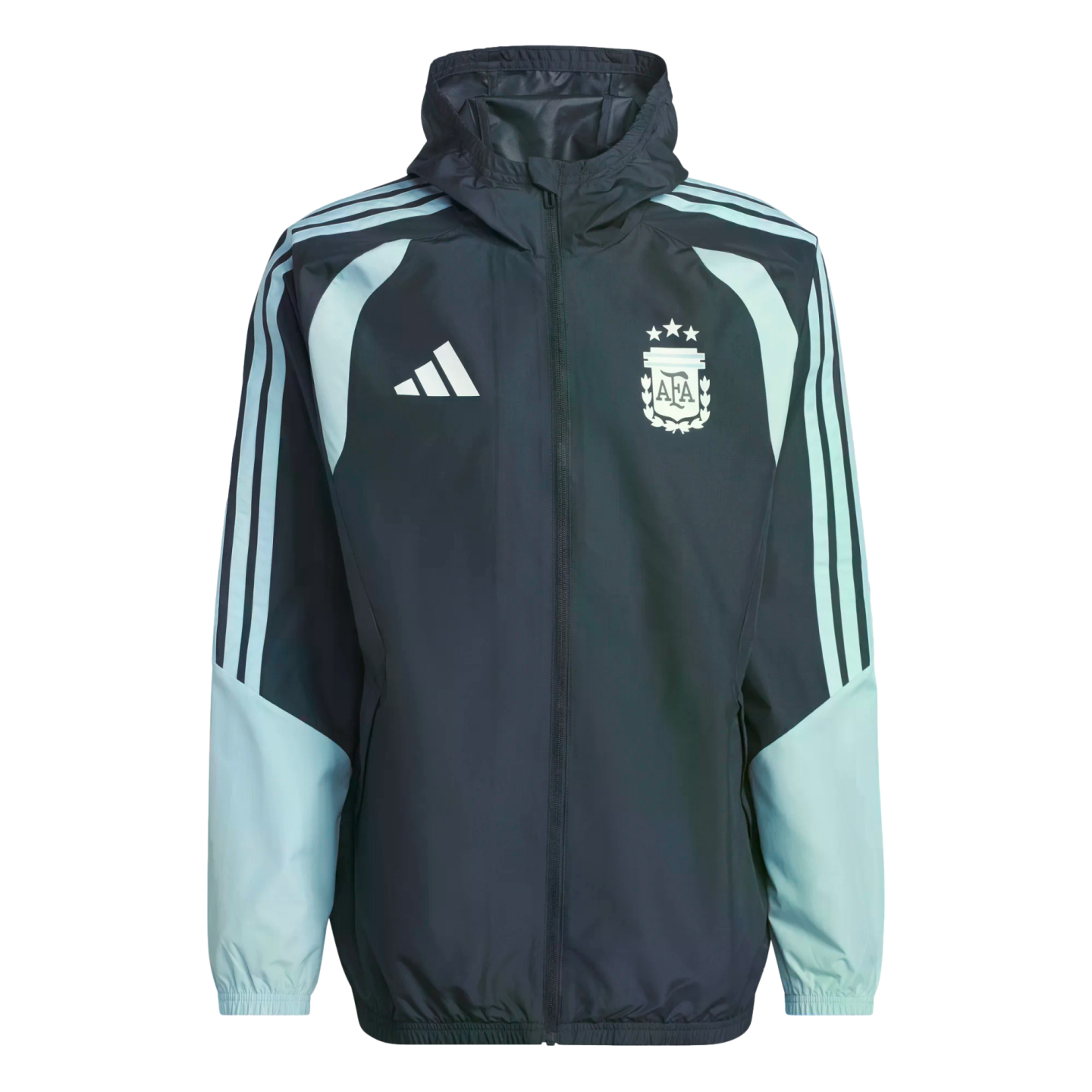 Dark gray Adidas Argentina hooded windbreaker with light blue accents, featuring the AFA crest with three stars on the chest.