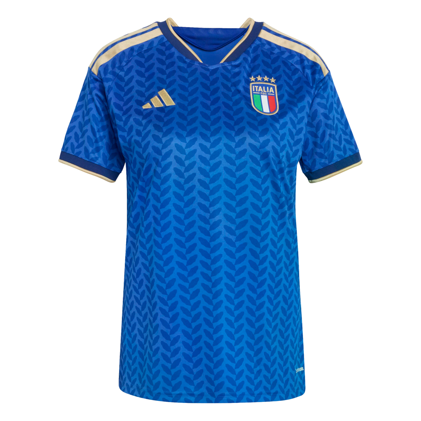 Blue Italy football jersey with gold Adidas stripes and logo, featuring a tonal leaf pattern and the national team crest with four stars.