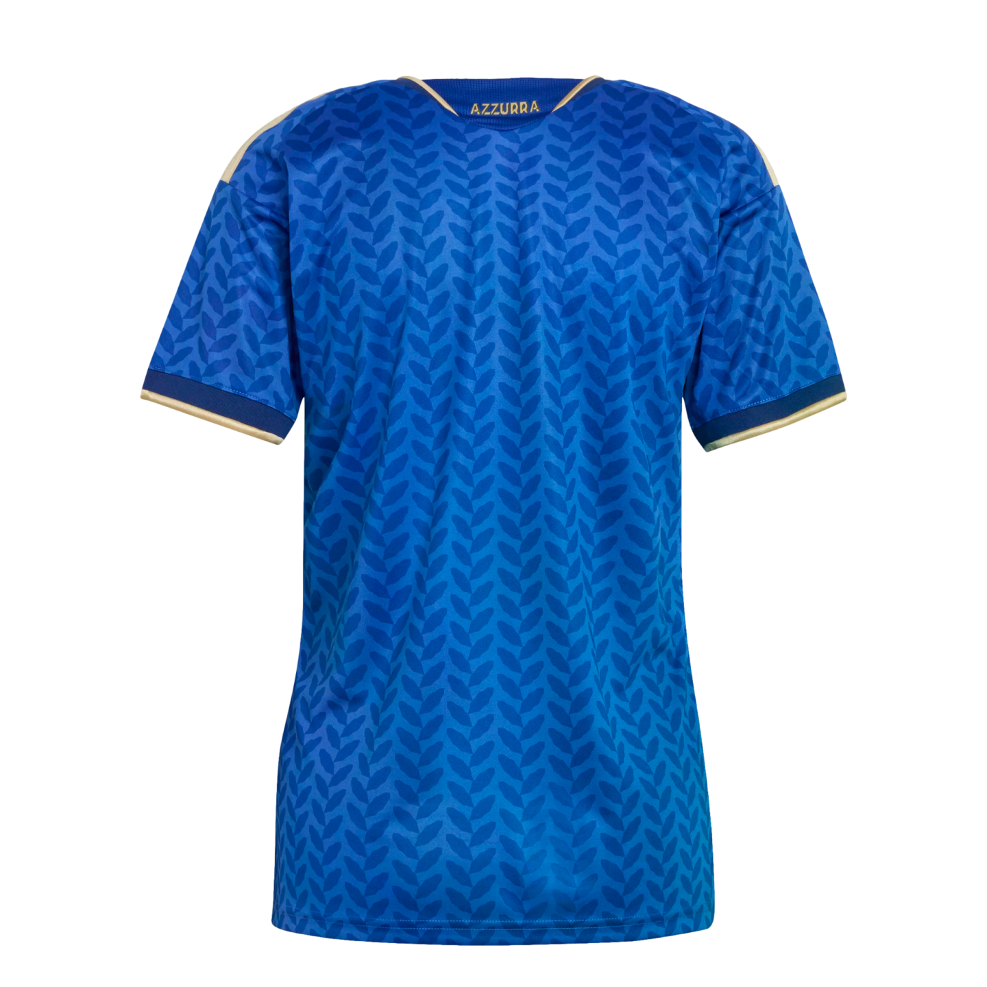 Back of a blue soccer jersey featuring a tonal laurel leaf pattern, gold trim on the collar and cuffs, and the word 'AZZURRA' printed in gold on the back neck.
