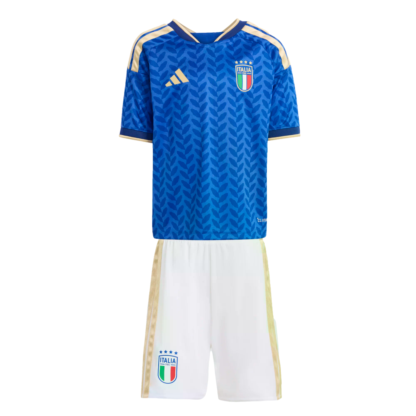 An Italy national soccer youth kit with a blue patterned jersey and white shorts, both featuring gold accents and the official team crest.