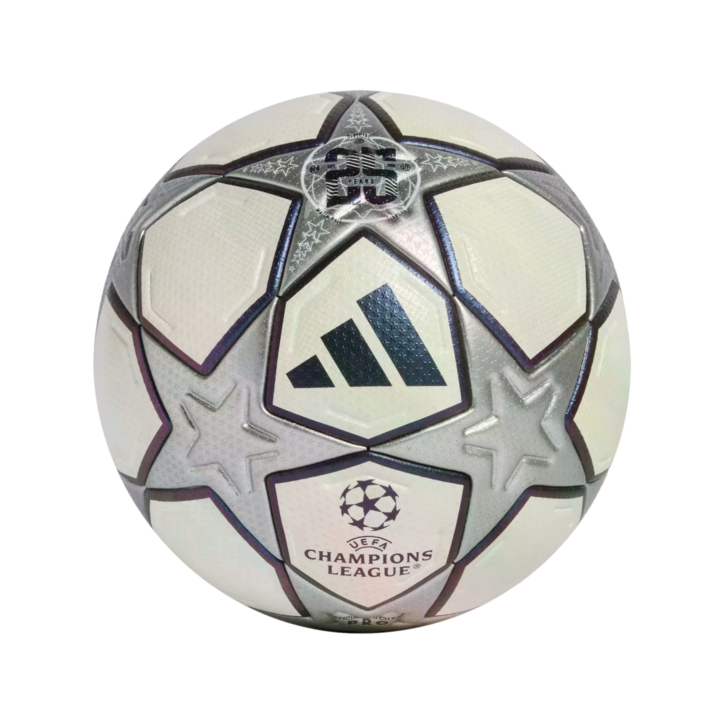 Adidas UEFA Champions League soccer ball with silver star panels and white sections. Features the Adidas logo, Champions League logo, and a "25 Years" anniversary graphic.