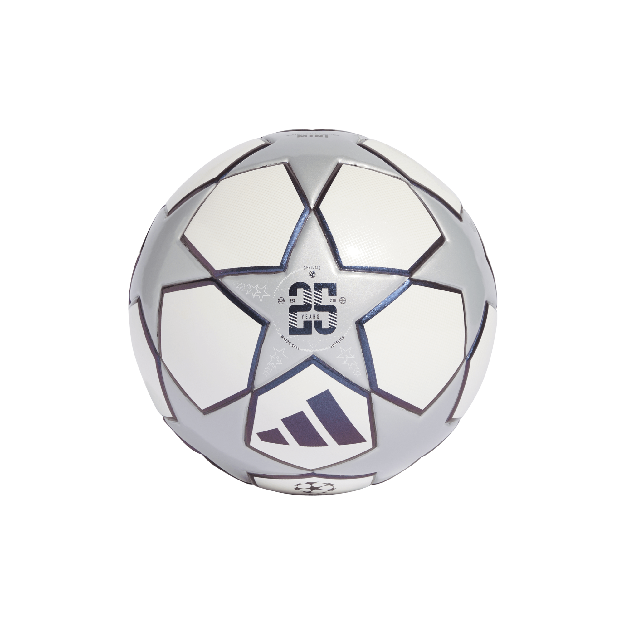 A silver and white Adidas UEFA Champions League mini soccer ball with star-shaped panels and "25 YEARS" branding.