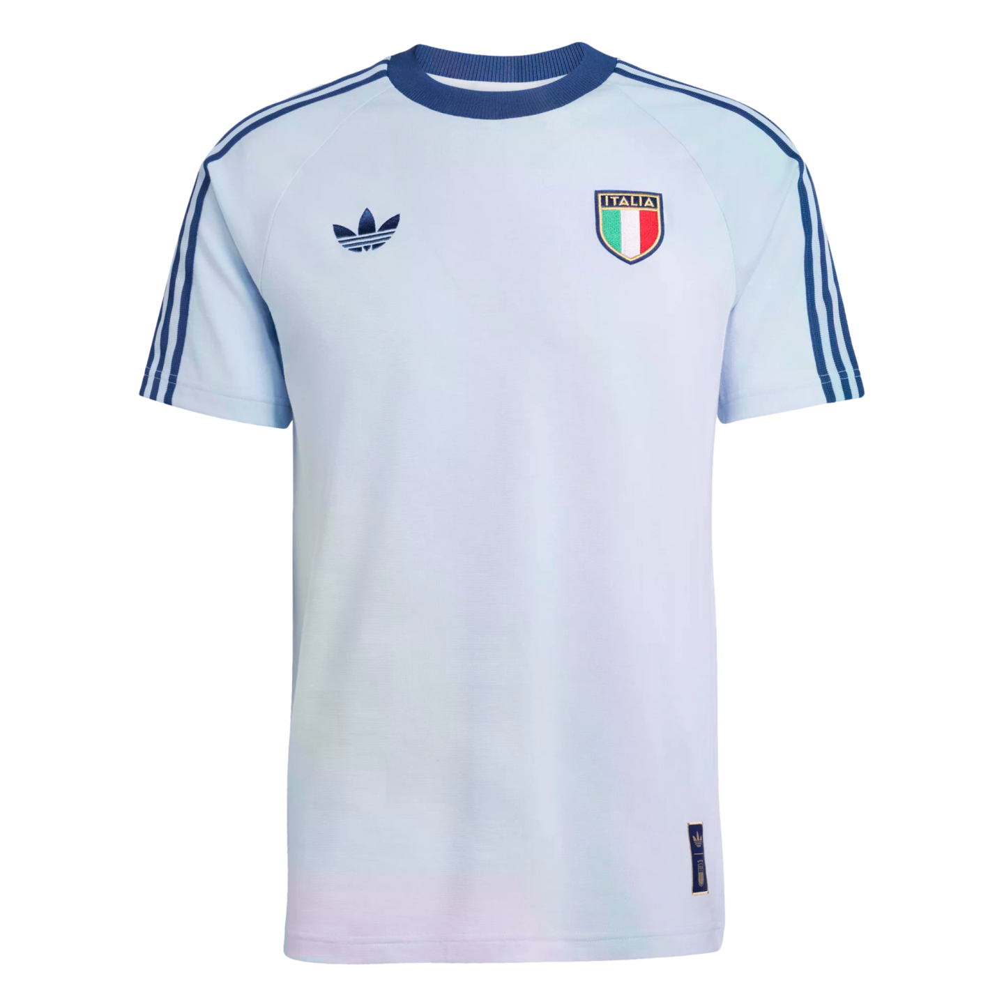 A light blue Adidas Italy national team jersey with dark blue sleeve stripes, featuring the Adidas Trefoil logo and the Italian team crest on the chest.