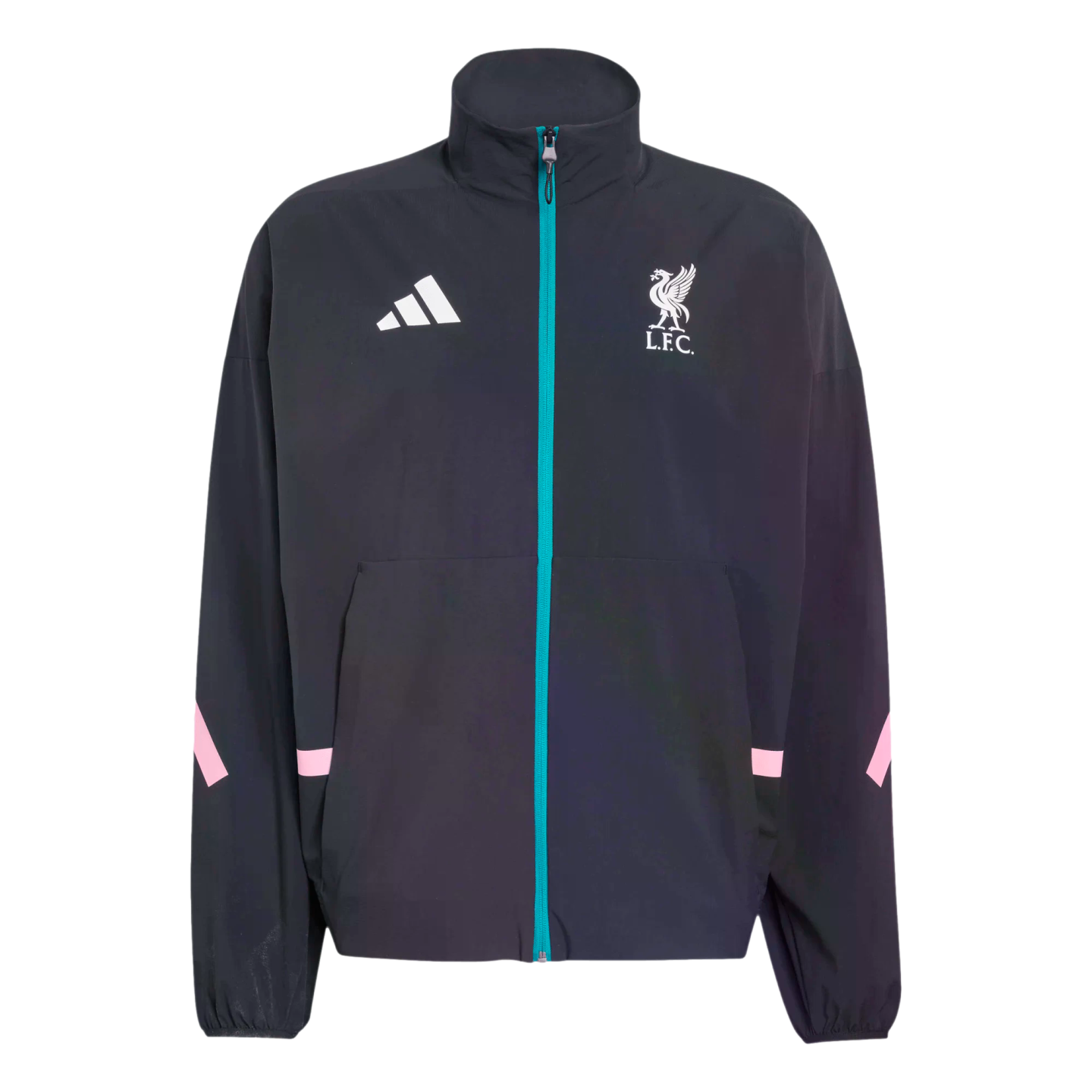 Black Adidas Liverpool F.C. windbreaker featuring a teal front zipper, white logos on the chest, and pink sleeve accents.