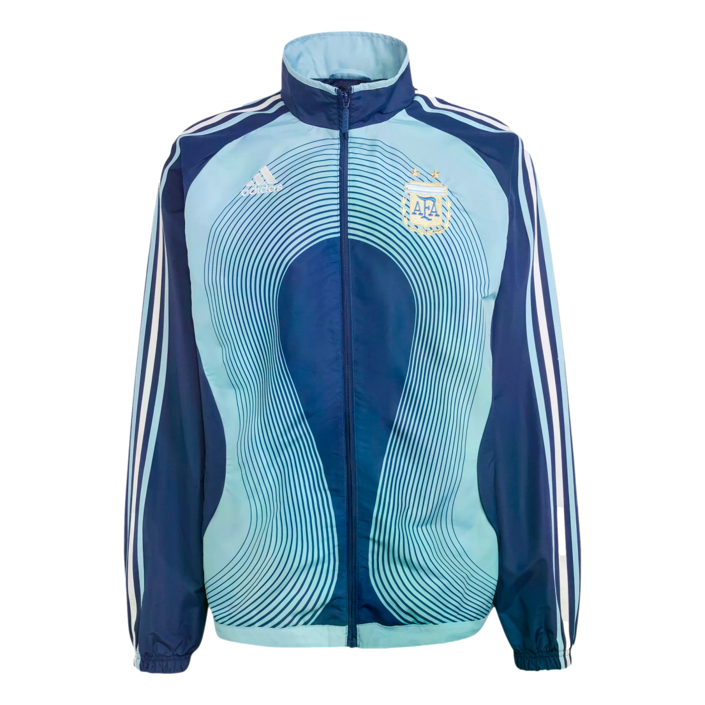 Blue Adidas Argentina national football team track jacket with the AFA crest and light blue wavy graphic patterns on the front.