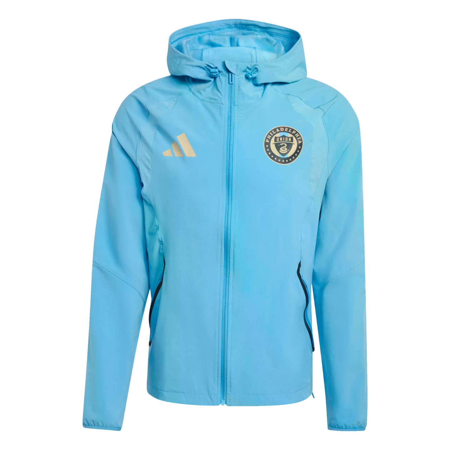 Light blue Adidas Philadelphia Union hooded zip-up jacket with gold logos on the chest, shown against a solid black background.