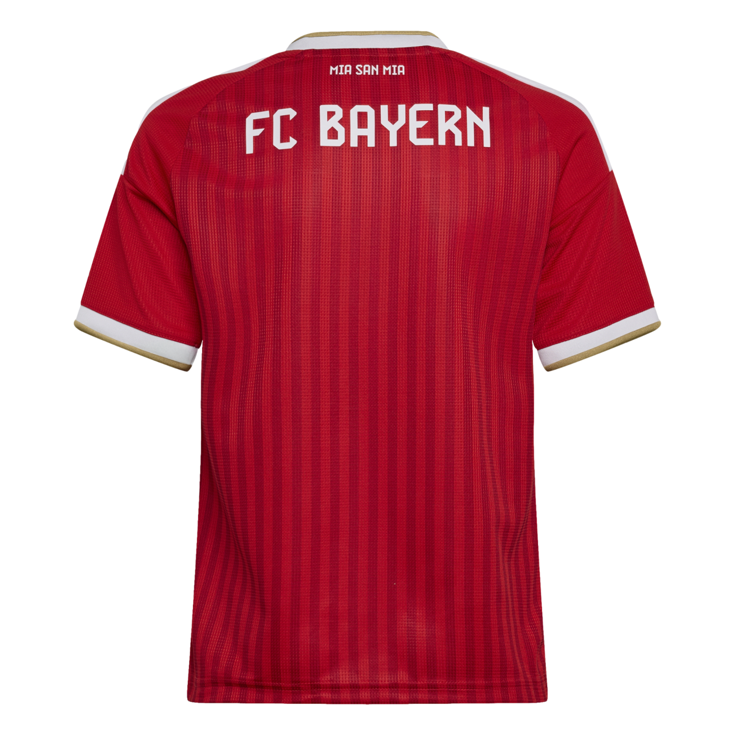 Back of a red FC Bayern Munich soccer jersey featuring white "FC BAYERN" and "MIA SAN MIA" lettering with white and gold trim on the sleeves.