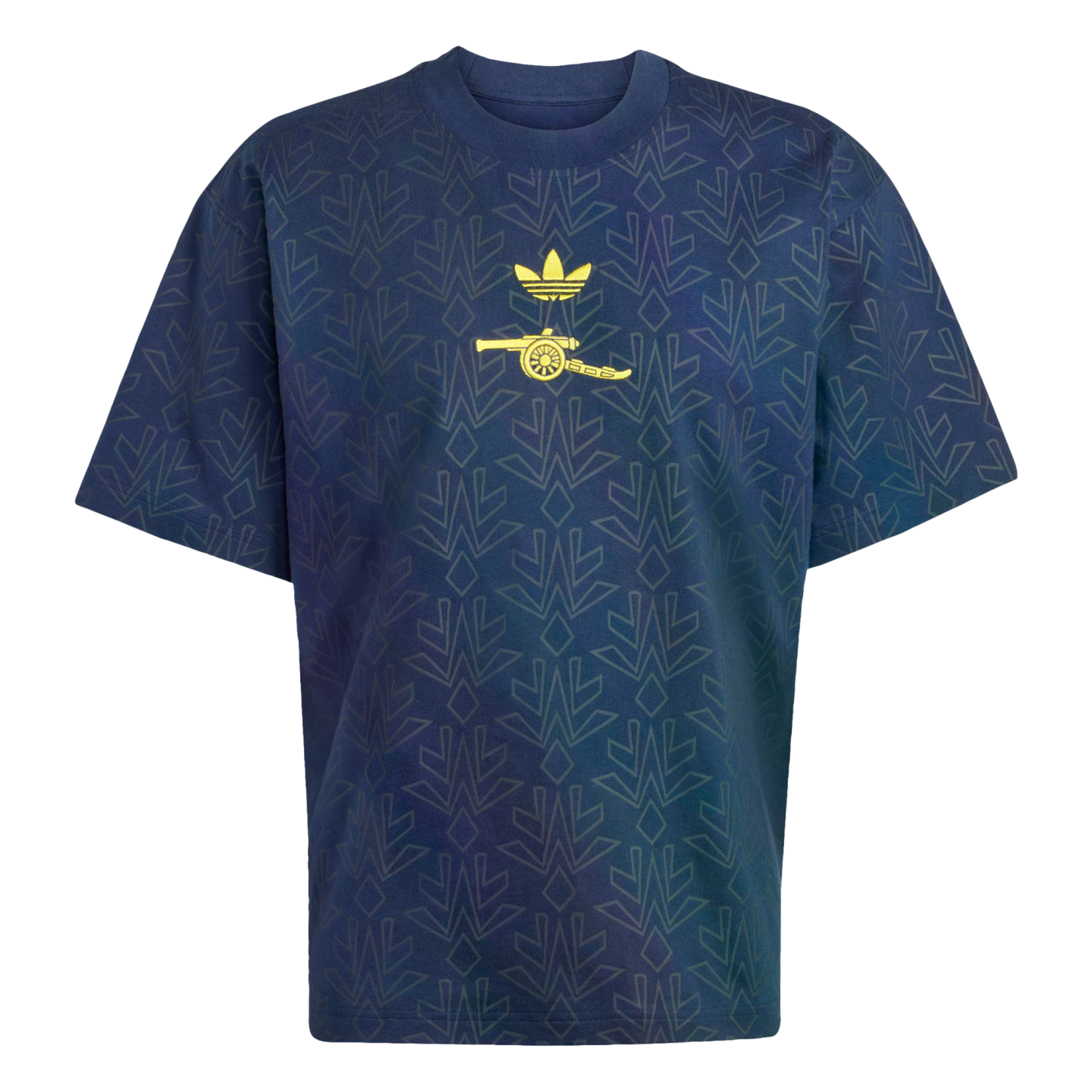 Navy blue t-shirt with an iridescent geometric pattern, featuring gold Adidas Trefoil and Arsenal FC cannon logos on the chest.