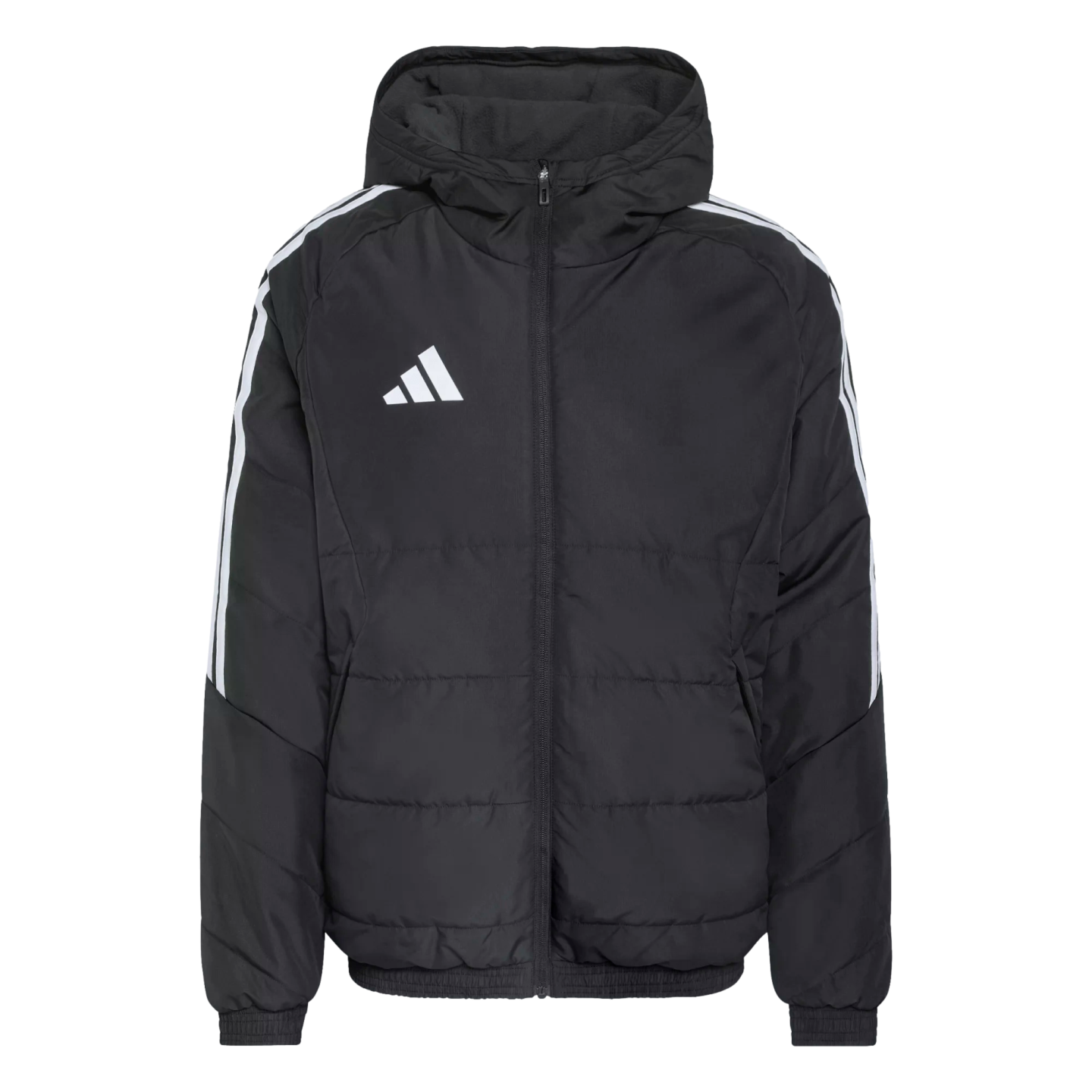 Black Adidas hooded puffer jacket with white stripes on the sleeves and a white logo on the chest.