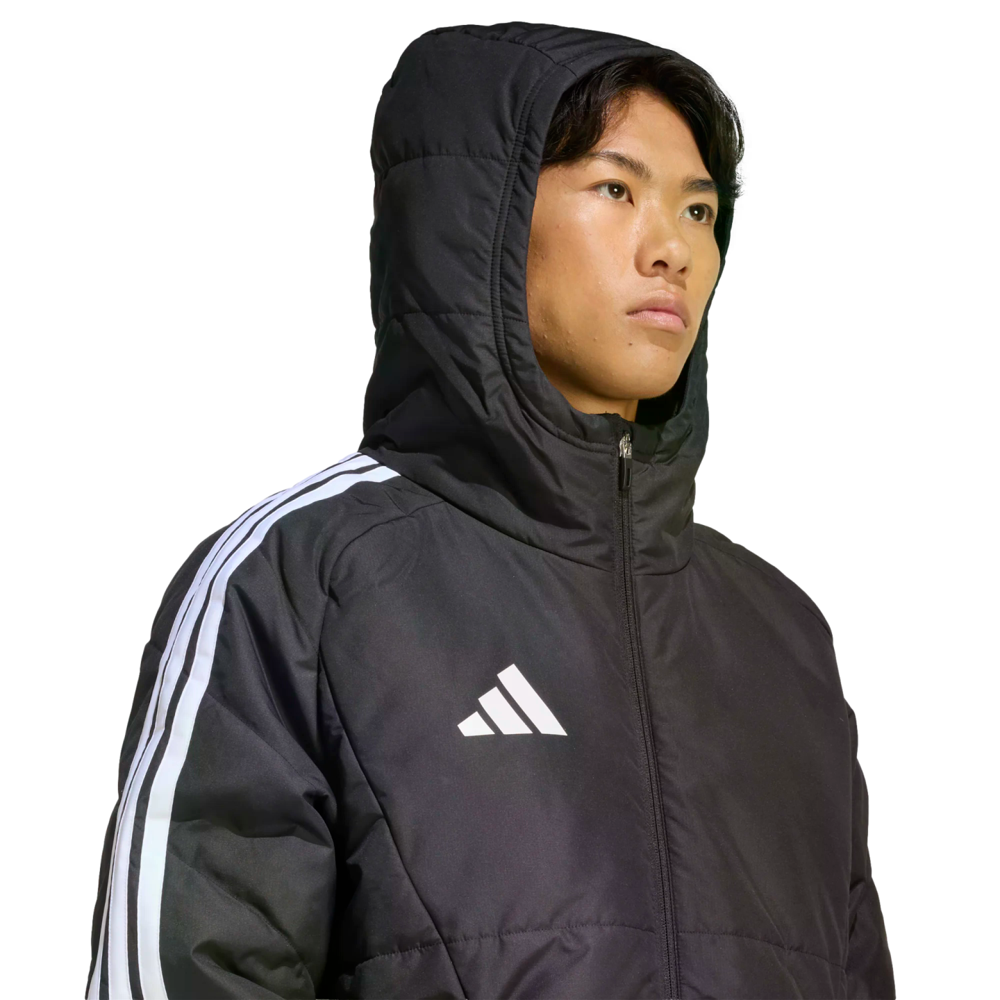 Young man wearing a black Adidas hooded puffer jacket with white stripes on the sleeve and a white logo on the chest against a black background.