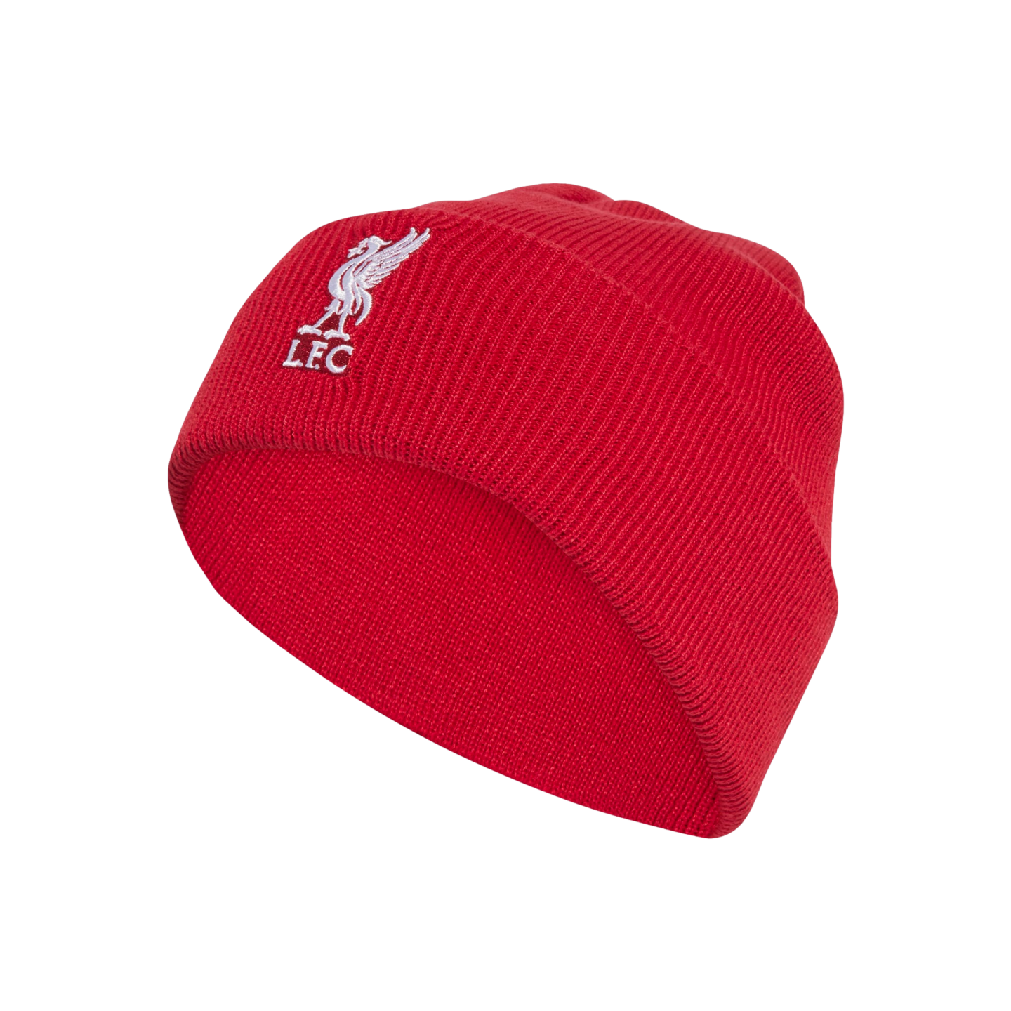 A red knit beanie with a folded cuff featuring the white embroidered Liverpool Football Club crest.
