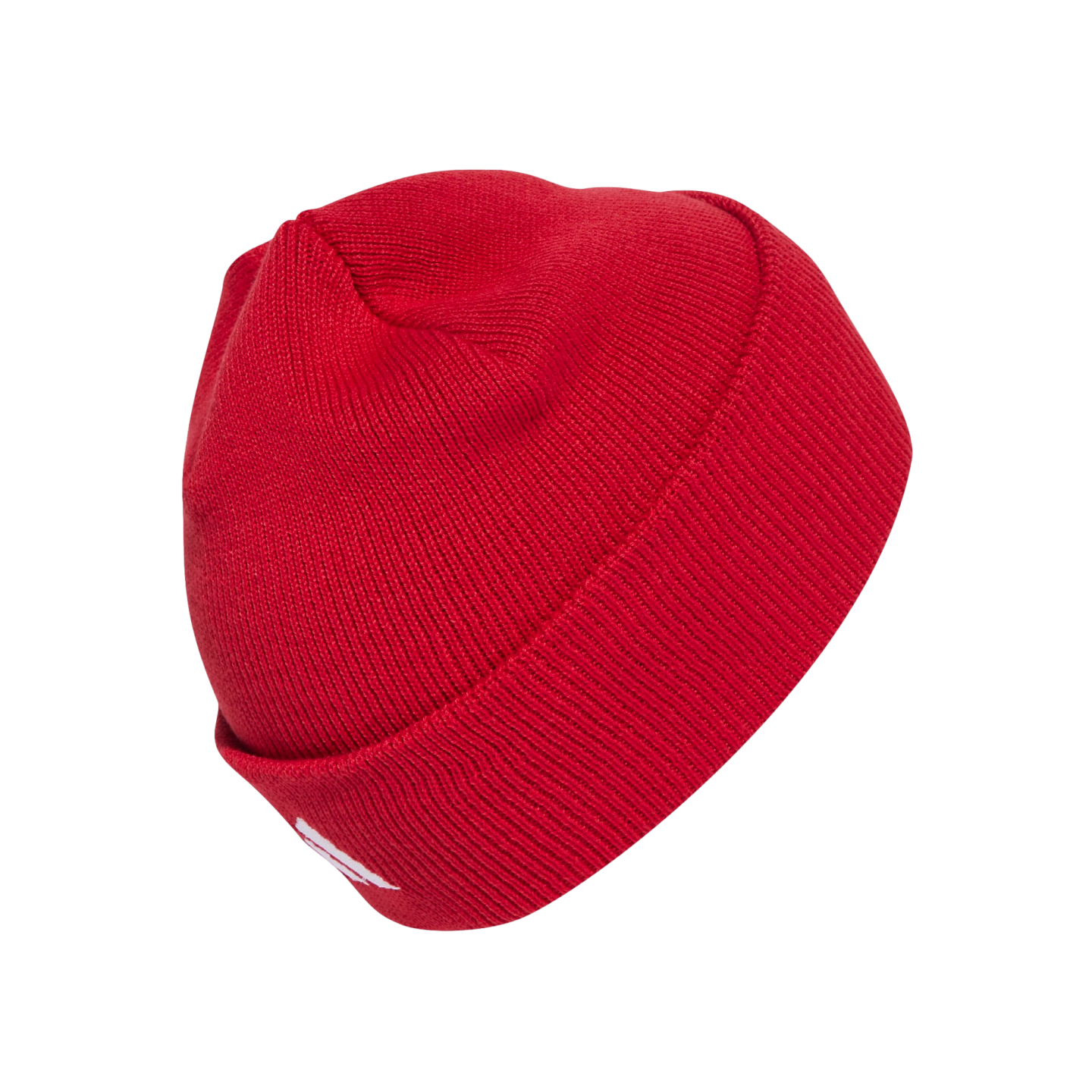 Red knit beanie with a folded cuff and small white logo, set against a black background.