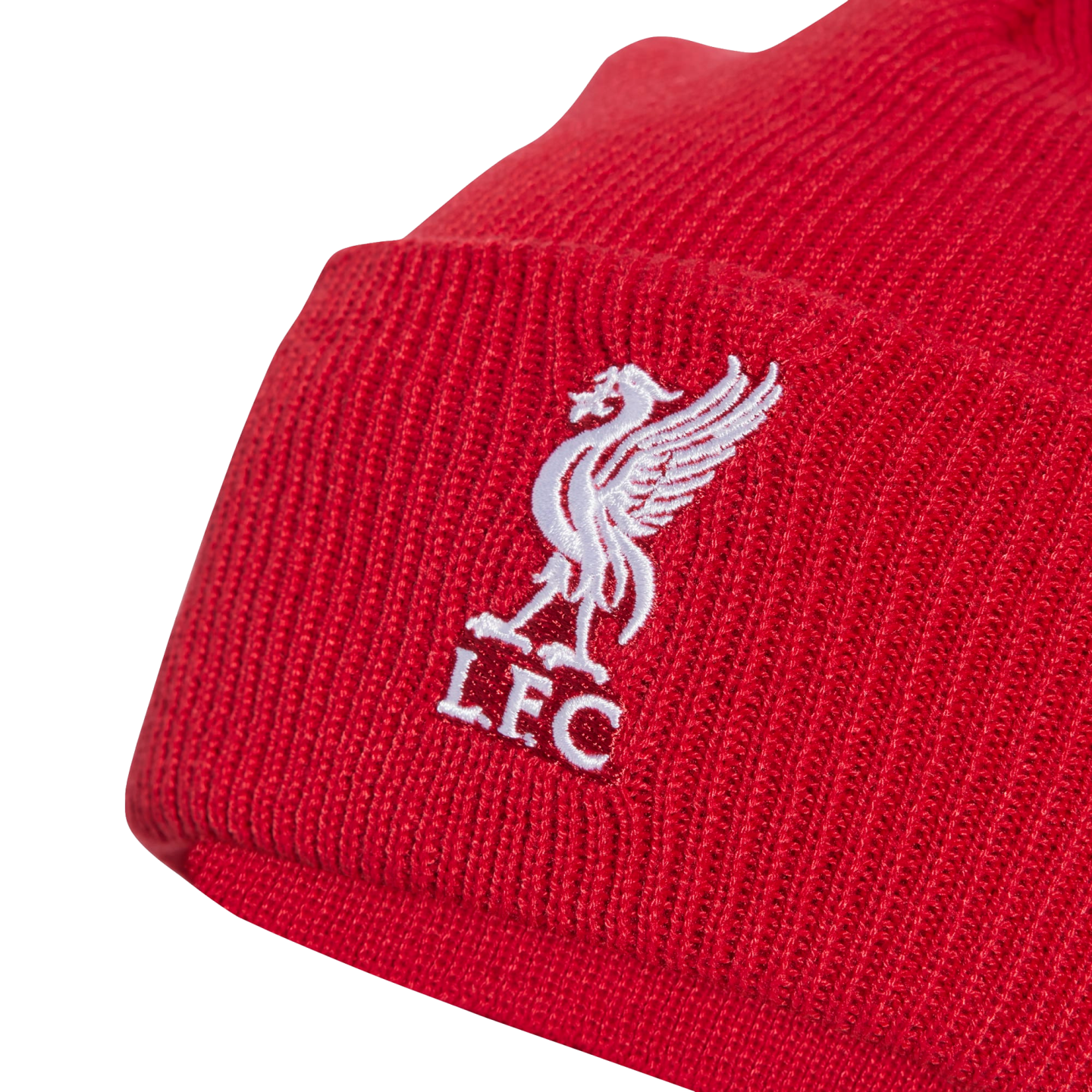 Red ribbed knit beanie with an embroidered white Liverpool FC logo, featuring the Liver Bird and "LFC" text.