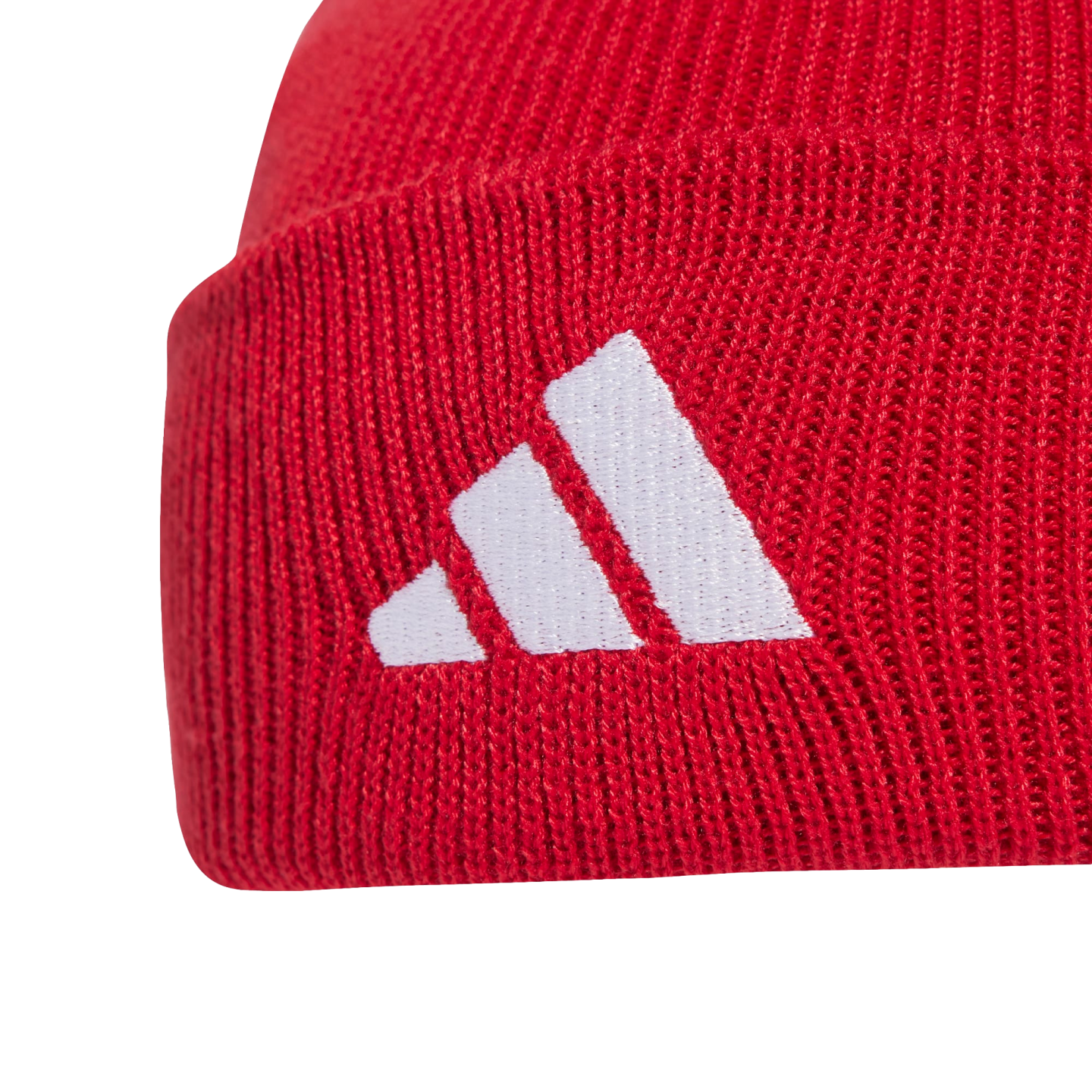 Close-up of a red knit beanie featuring an embroidered white Adidas logo on the cuff.