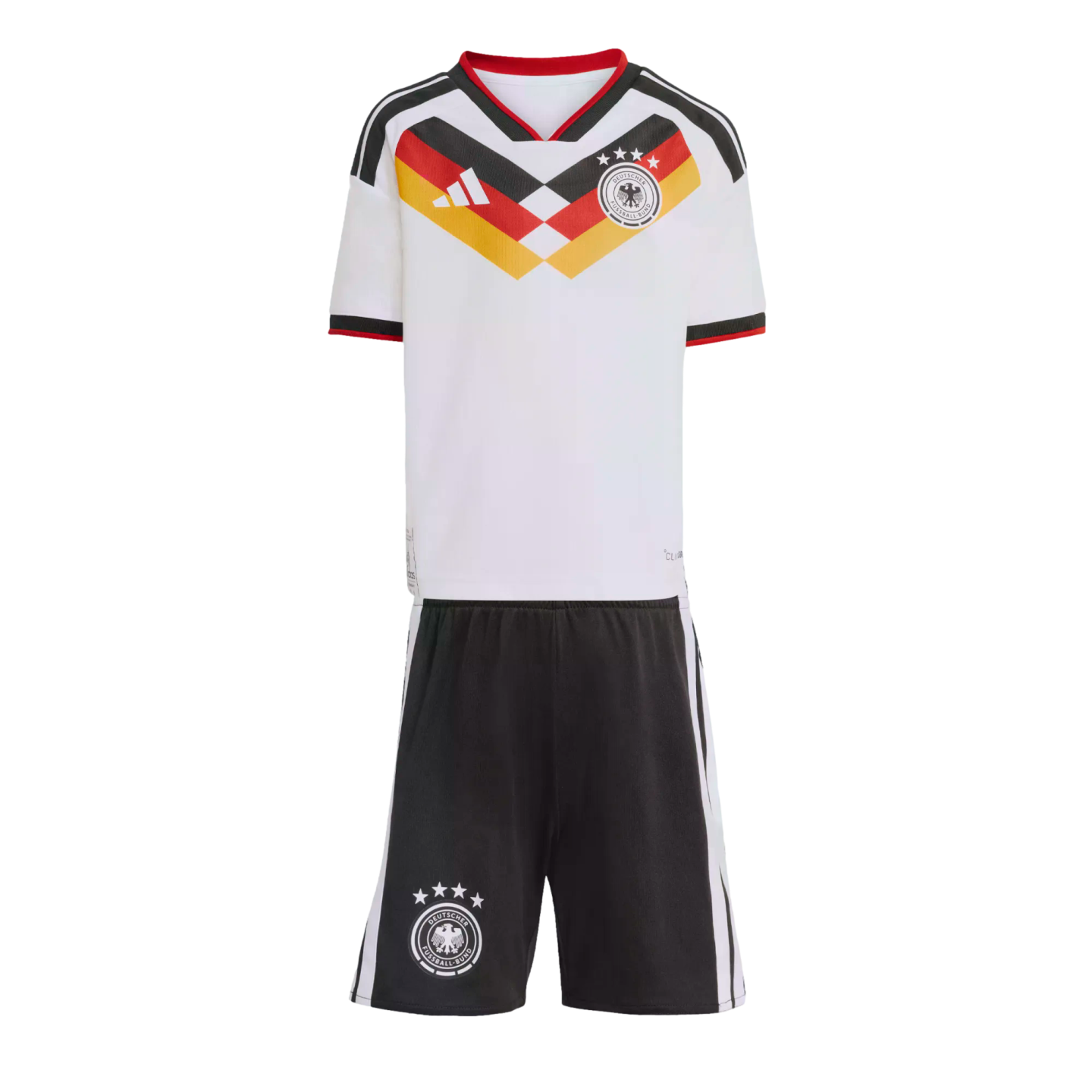 A kids' Germany home football kit with a white jersey featuring a black, red, and yellow chevron pattern and team crest, and black shorts with white side stripes.