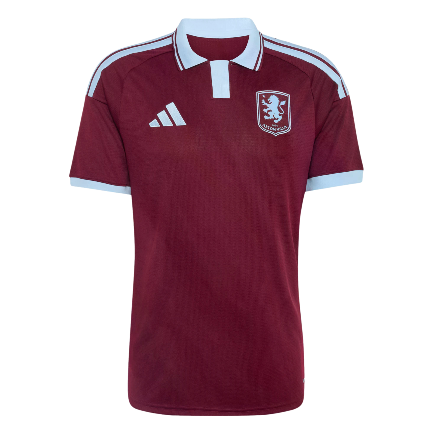 A claret Adidas Aston Villa football jersey featuring white trim on the collar, cuffs, and shoulders, with the club's crest on the chest.