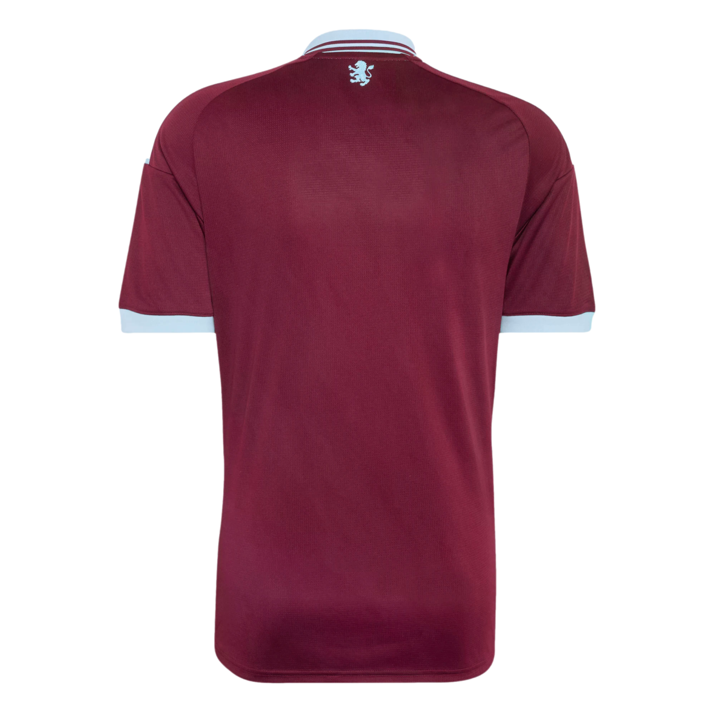 Back of a maroon football shirt featuring light blue cuffs and collar. A small light blue lion emblem is displayed below the collar.