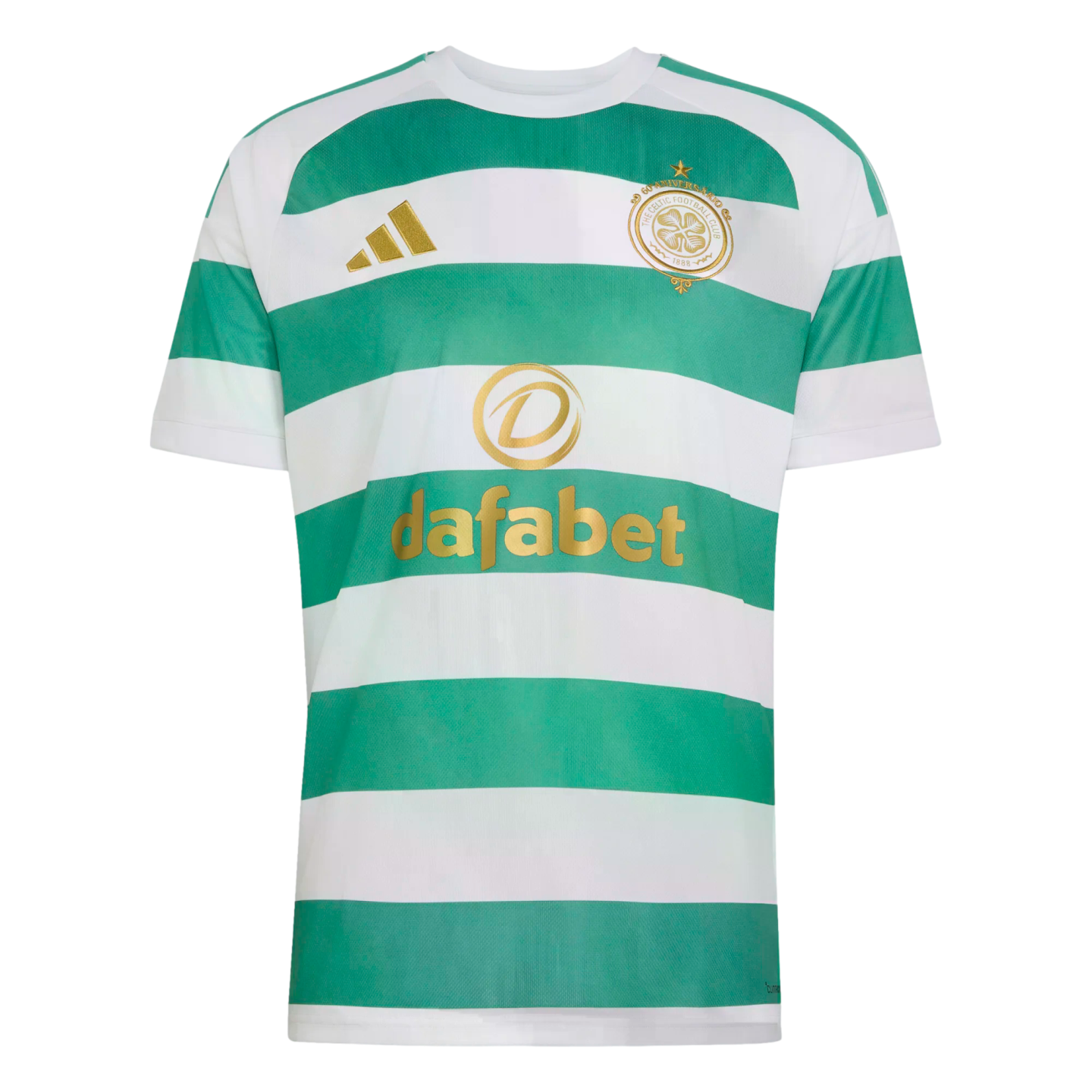 Celtic FC football jersey featuring green and white hoops with gold Adidas, club crest, and Dafabet logos.