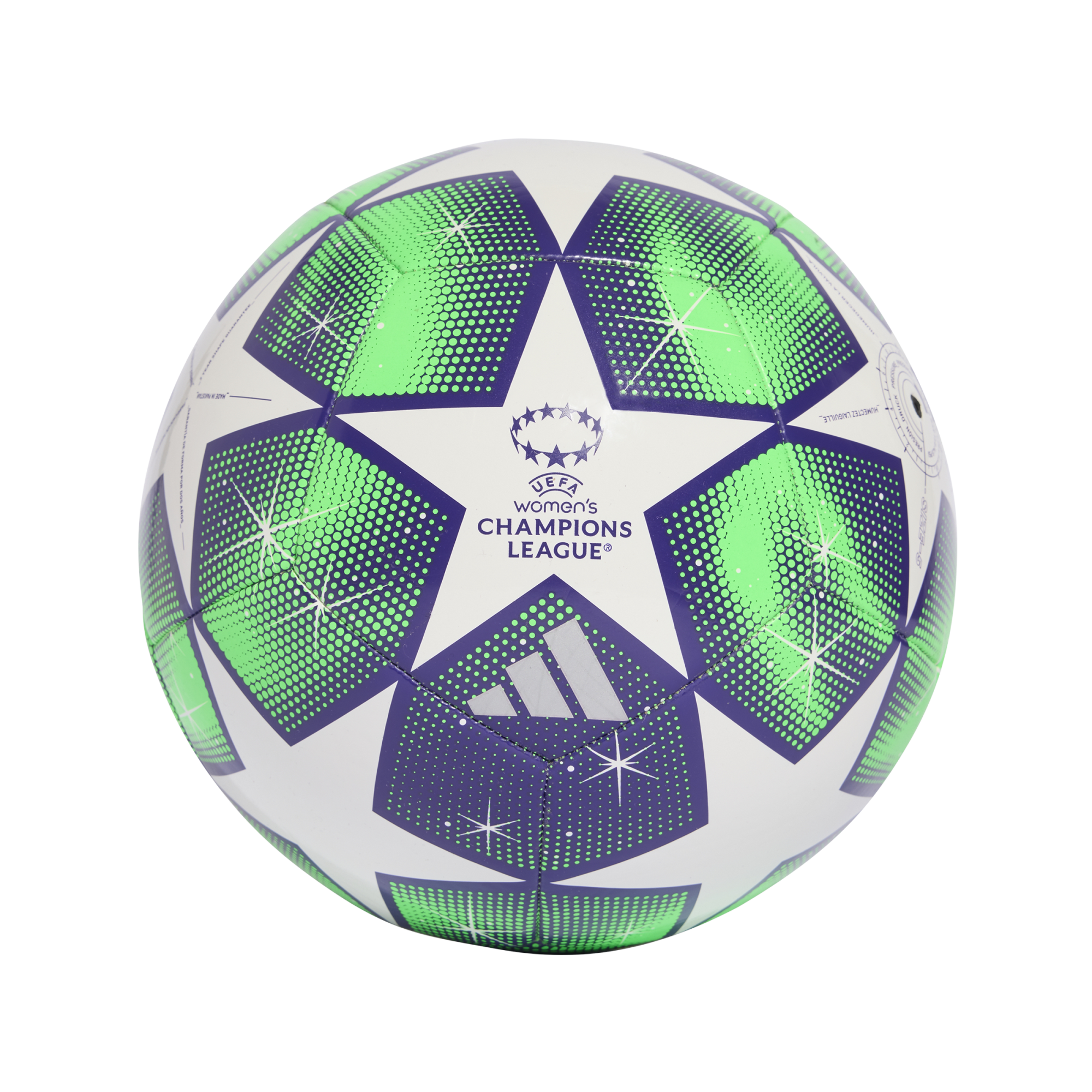 Adidas UEFA Women's Champions League soccer ball with white star panels and green and blue patterns on a black background.