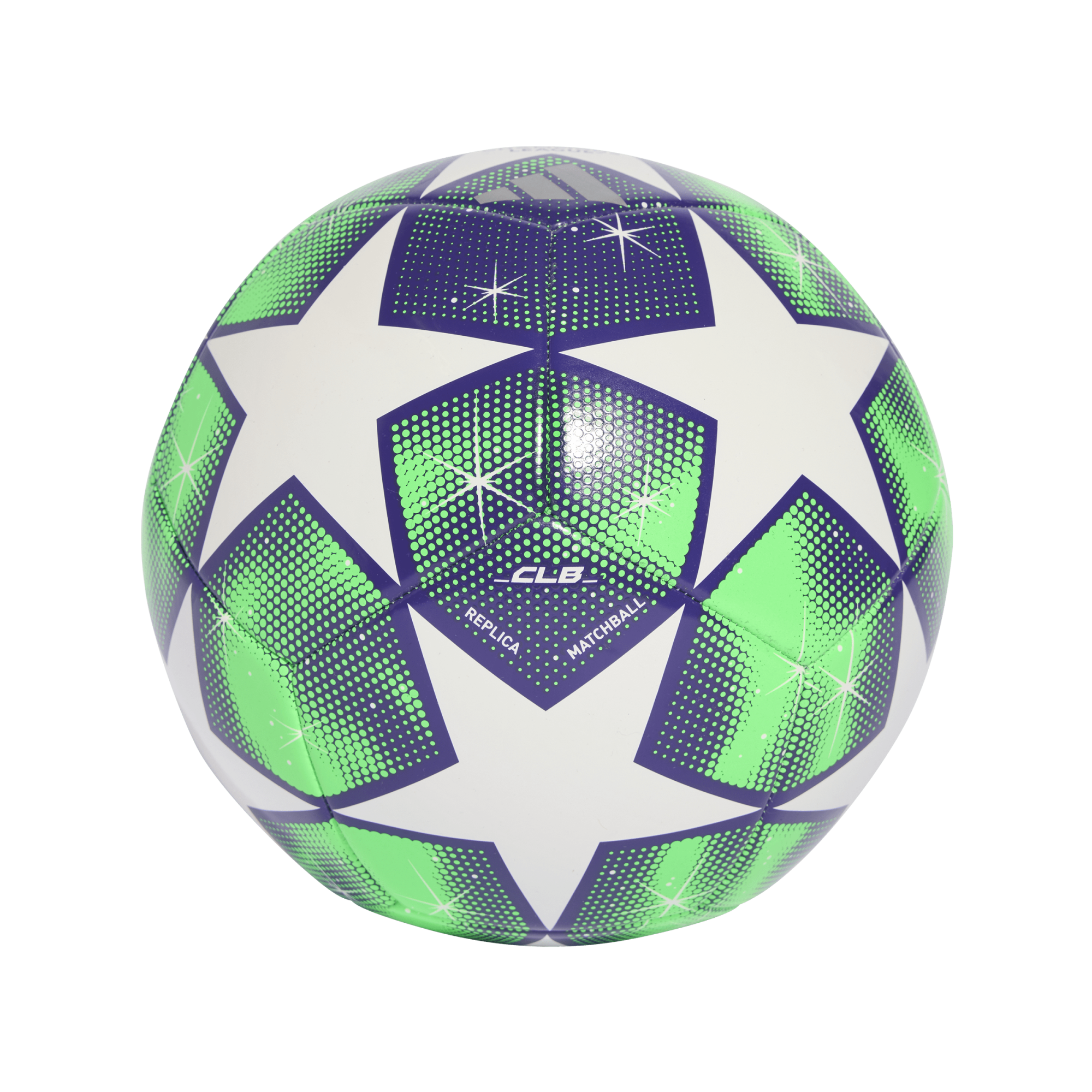 A green and purple soccer ball featuring white star panels and halftone dot patterns.