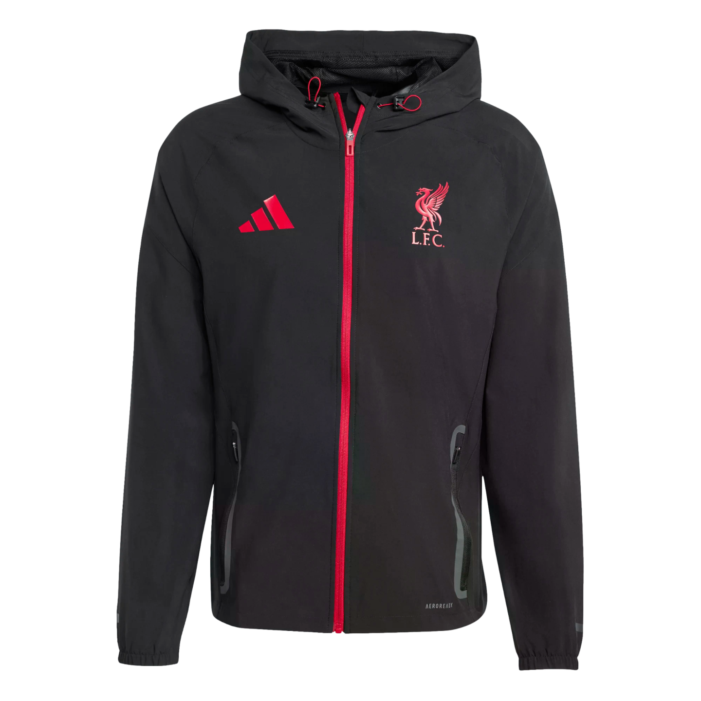 A black Adidas zip-up hoodie with a red zipper. Features a red Adidas logo and a red Liverpool FC crest on the chest.