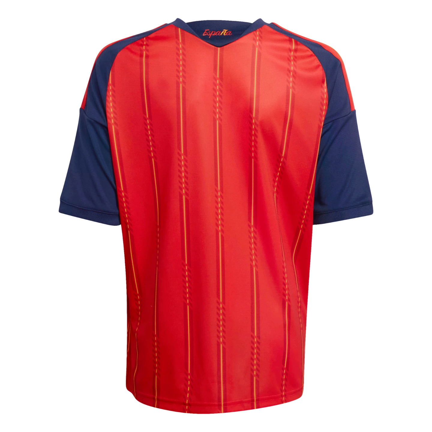 Back view of a red short-sleeved Spain national soccer jersey with blue sleeves and collar. Features vertical yellow and red pinstripes and the word "España" inside the neckline.