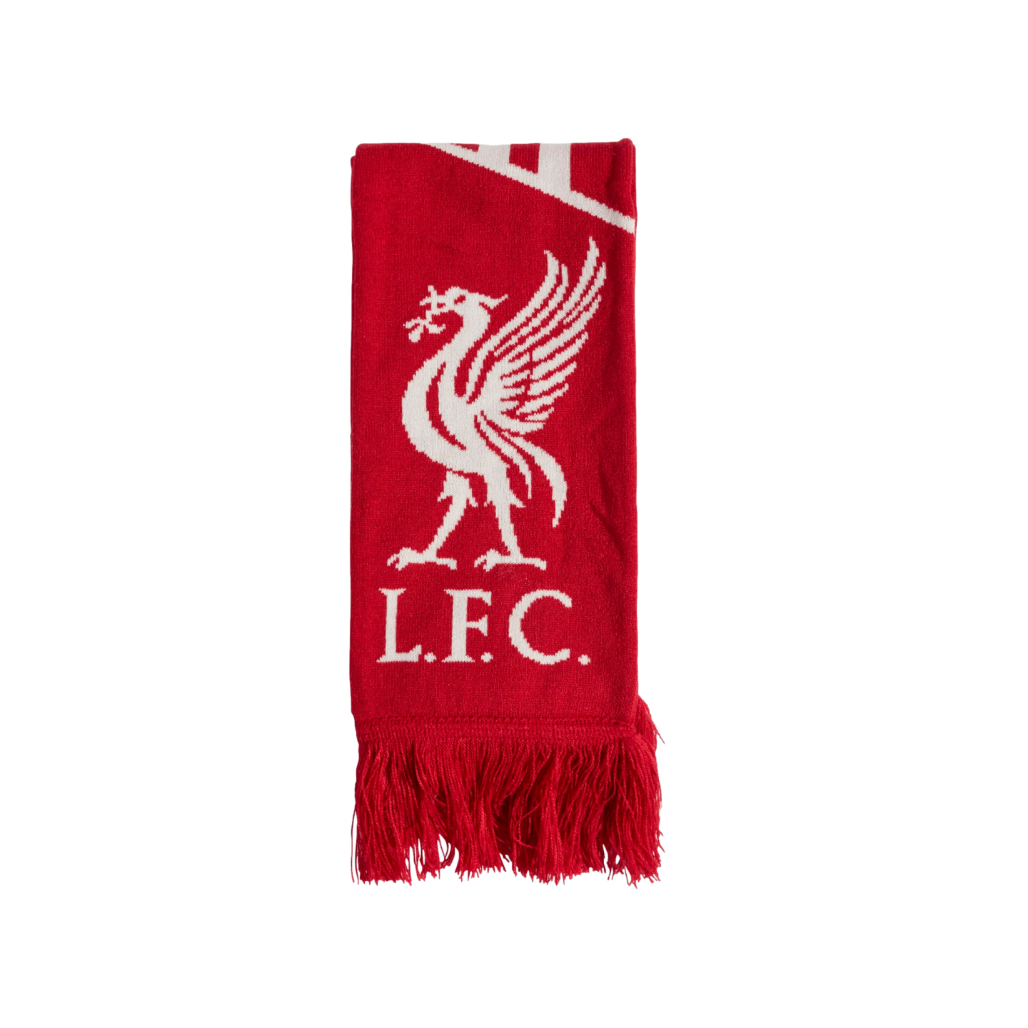 Red Liverpool F.C. scarf with a white Liver bird crest and "L.F.C." text above a red tasseled fringe.