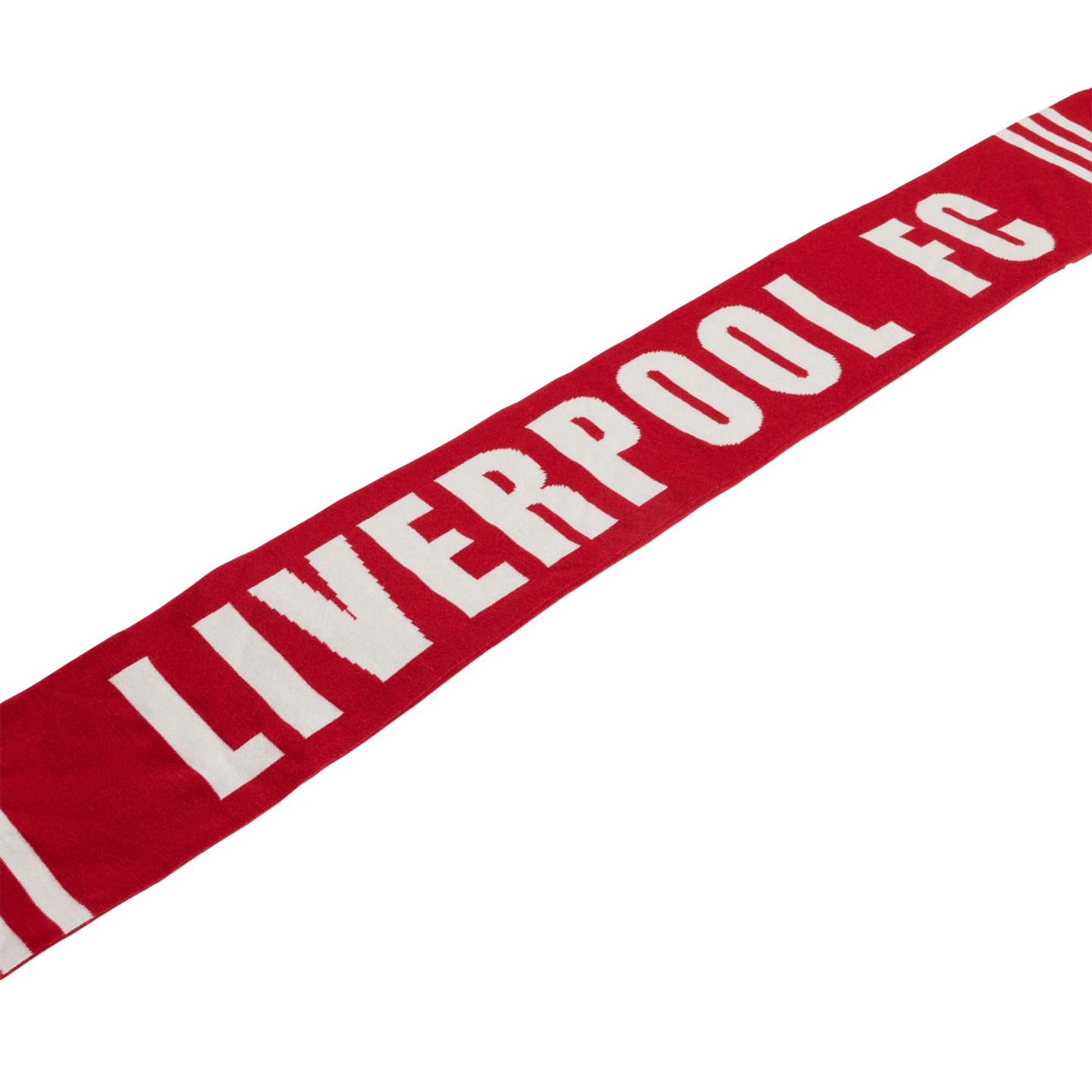 A red scarf featuring "LIVERPOOL FC" in bold white letters, positioned diagonally against a black background.