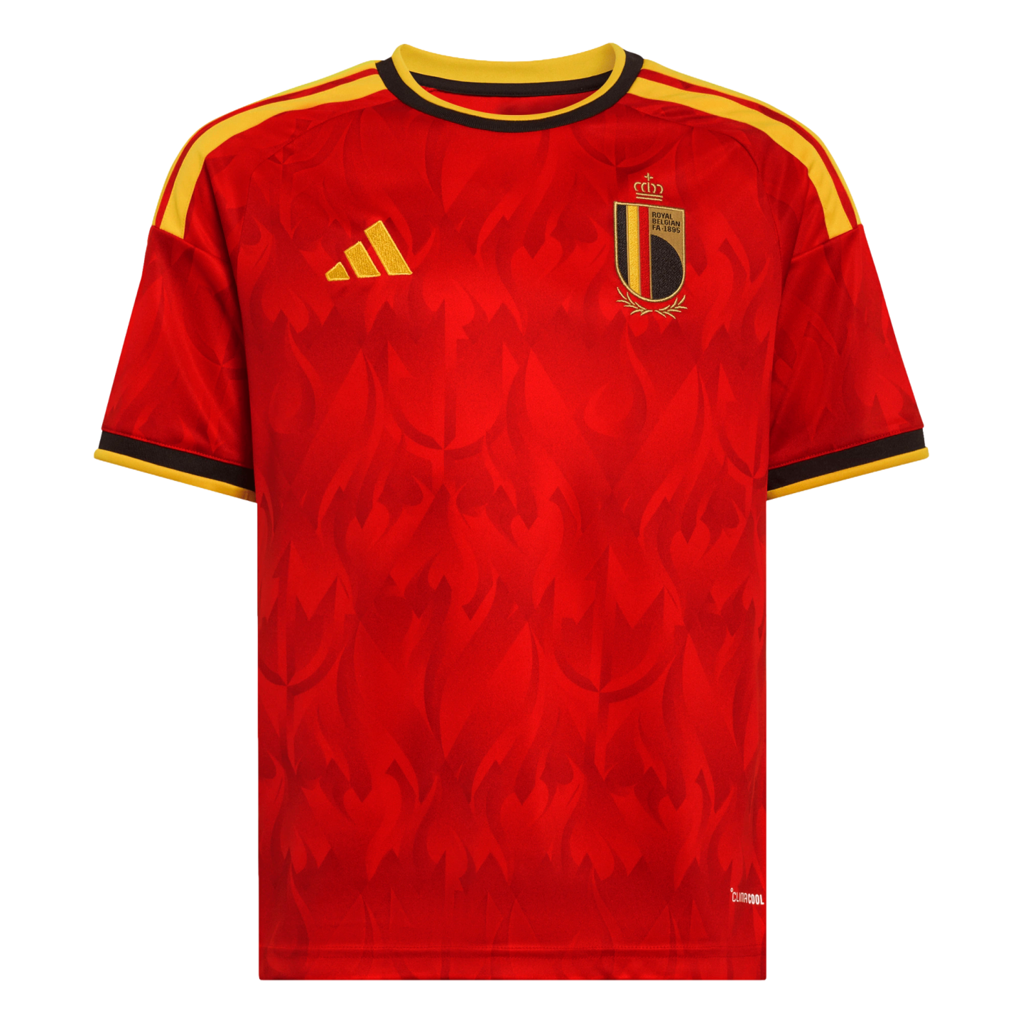 Red Adidas Belgium home soccer jersey with a subtle flame-patterned graphic, yellow shoulder stripes, and the Royal Belgian FA crest on the chest.