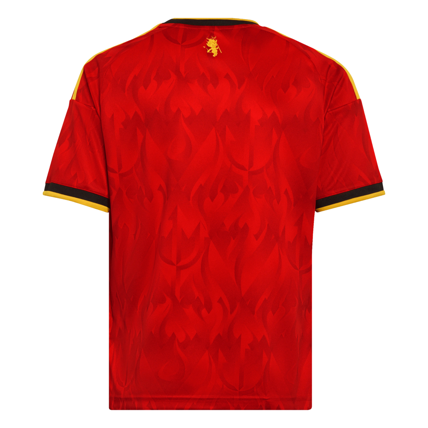 Back view of a red sports jersey with a tonal flame and trident pattern, black and yellow trim, and a small yellow devil logo below the collar.