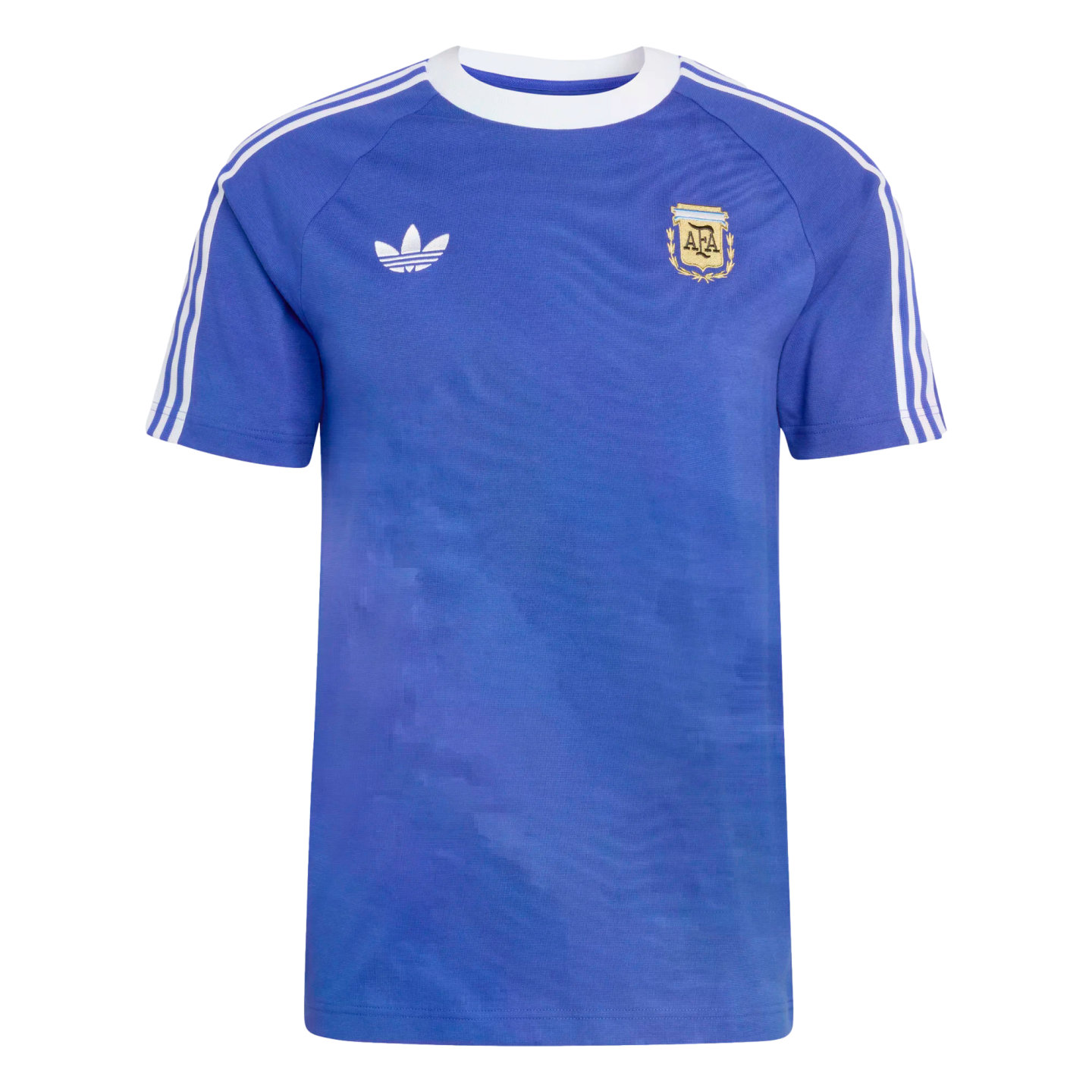 A blue short-sleeved Adidas t-shirt featuring a white crew neck, three white stripes on each sleeve, a white trefoil logo on the right chest, and the Argentina national football team (AFA) crest on the left chest.