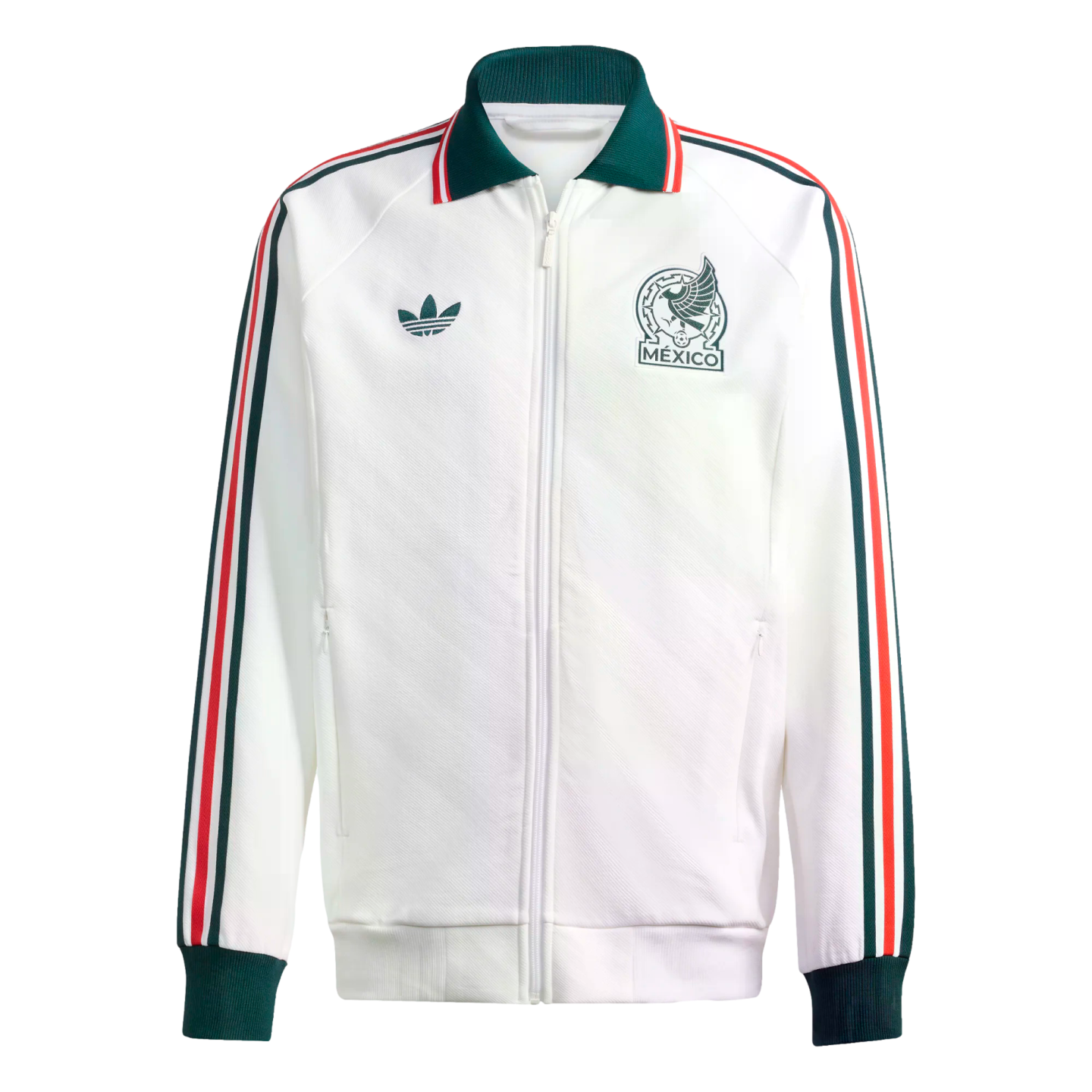White Adidas Mexico track jacket featuring a green collar, tricolor stripes on the sleeves, a trefoil logo, and the national team crest.