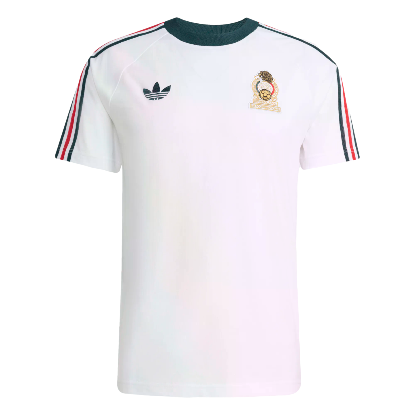A white short-sleeved Adidas t-shirt with a dark green crew neck, featuring a trefoil logo and a Mexican national football team crest on the chest. The sleeves are accented with green, white, and red stripes.