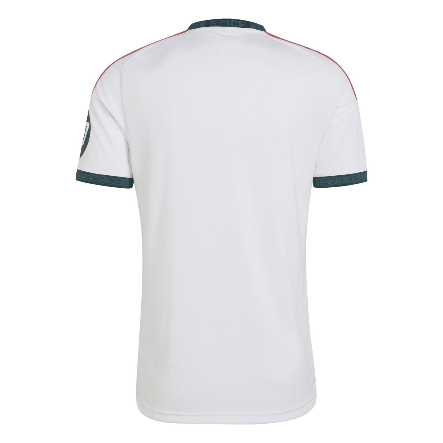 Back view of a white short-sleeved jersey with teal patterned collar and cuffs, pink shoulder stripes, and "RMCF" embroidered on the neckline.