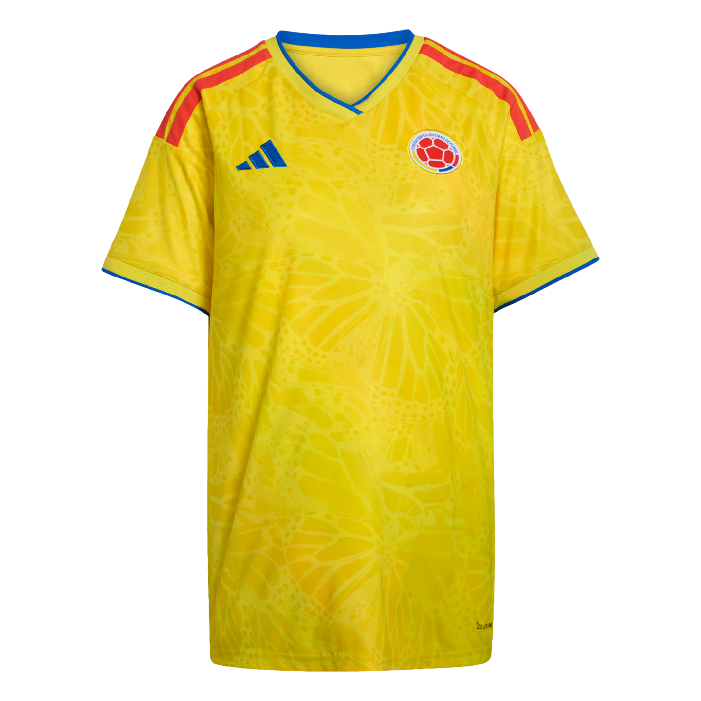 A yellow Colombia national team soccer jersey featuring red shoulder stripes, blue trim, and a subtle tonal butterfly wing pattern.