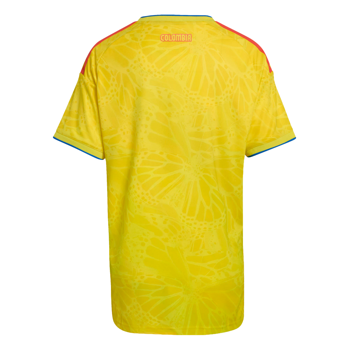 Back view of a yellow Colombia soccer jersey featuring a butterfly wing pattern, orange shoulder stripes, blue trim, and "COLOMBIA" printed on the upper back.