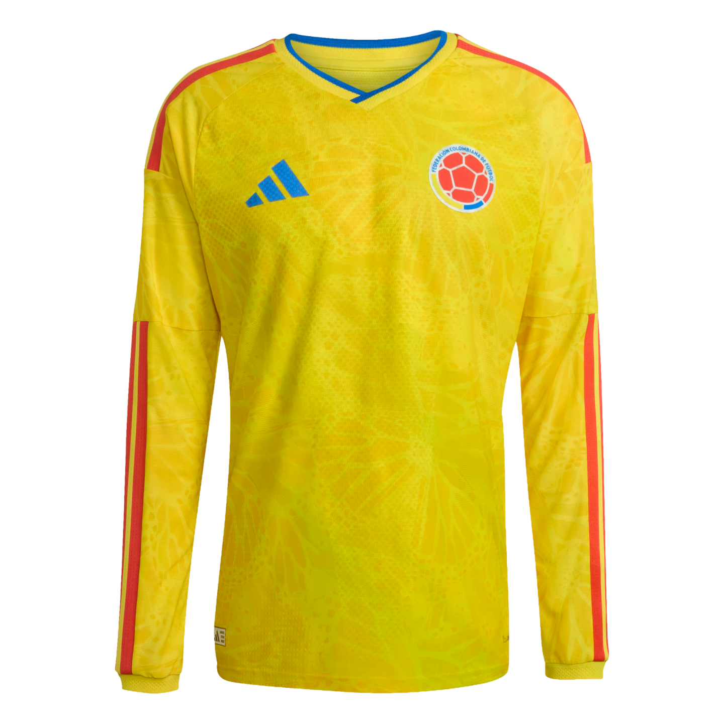 Yellow long-sleeved Colombia national football jersey with red sleeve stripes, blue Adidas logo, and team crest on the chest.