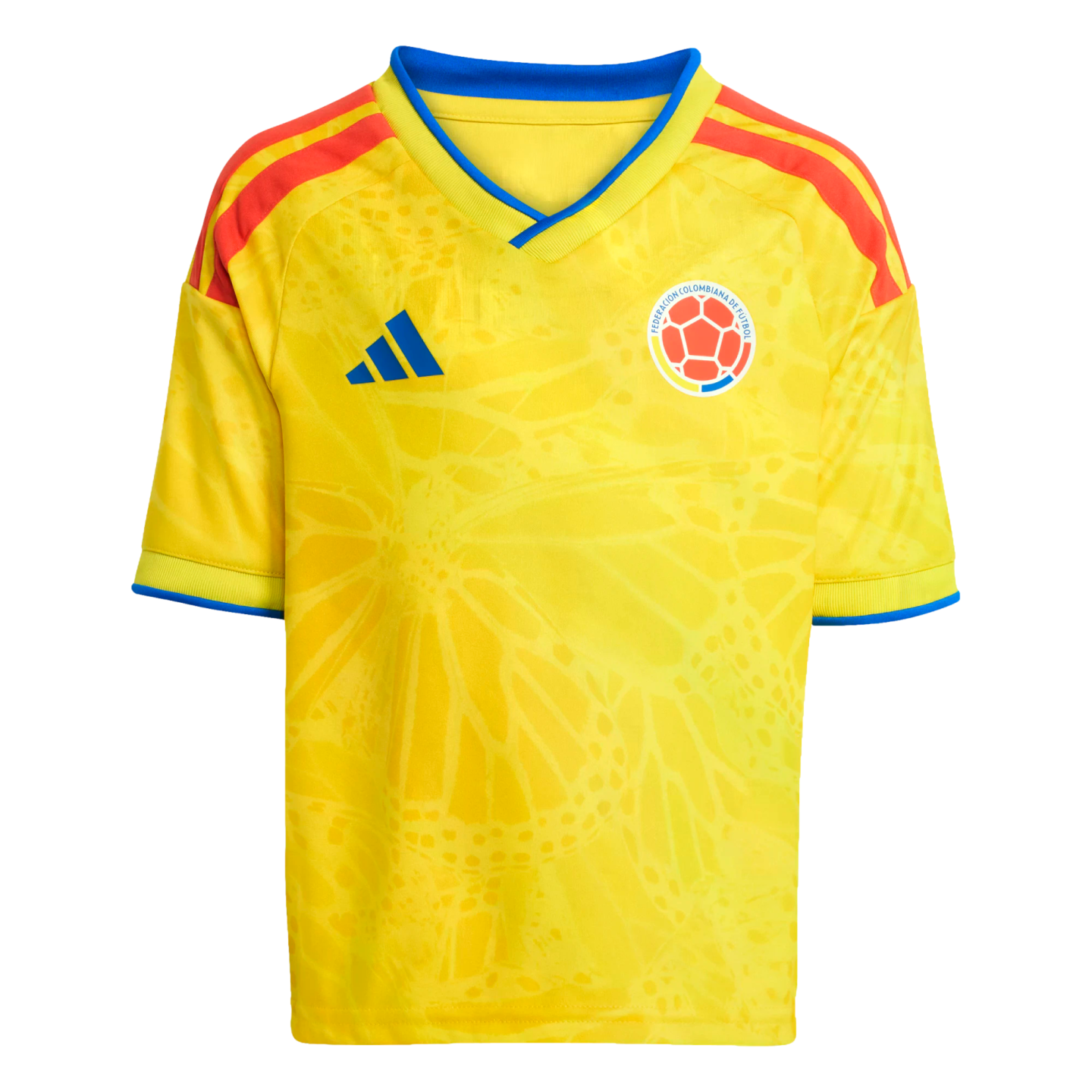 Yellow Adidas Colombia soccer jersey with blue v-neck trim, red shoulder stripes, and a subtle butterfly wing graphic.