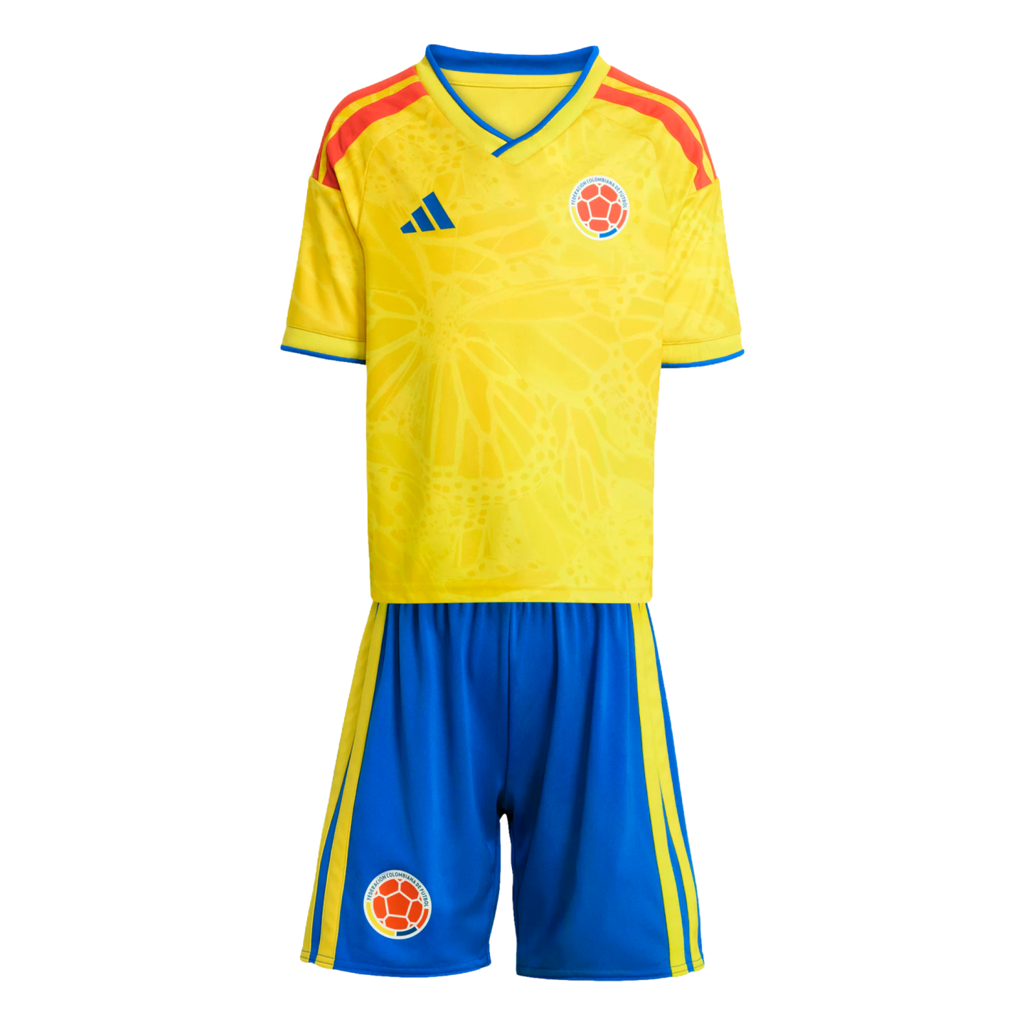 Children's Colombia home football kit featuring a yellow jersey with a subtle butterfly pattern and blue shorts with yellow stripes.