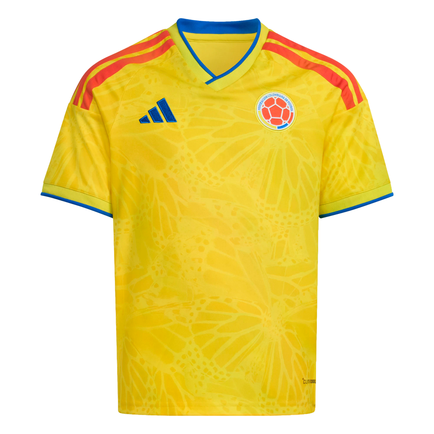Bright yellow Colombia national football team jersey featuring a subtle butterfly wing pattern, the team crest, blue accents, and orange-red shoulder stripes.