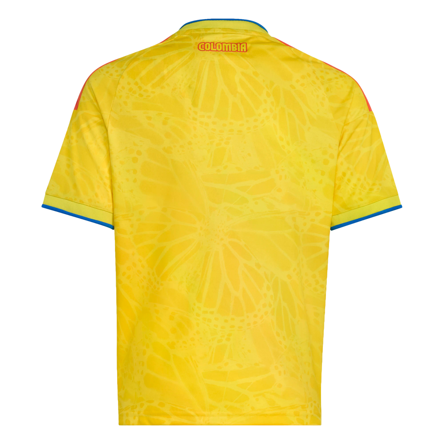 Back view of a yellow Colombia jersey featuring a tonal butterfly pattern, red "COLOMBIA" text at the top, and blue trim on sleeves and collar.