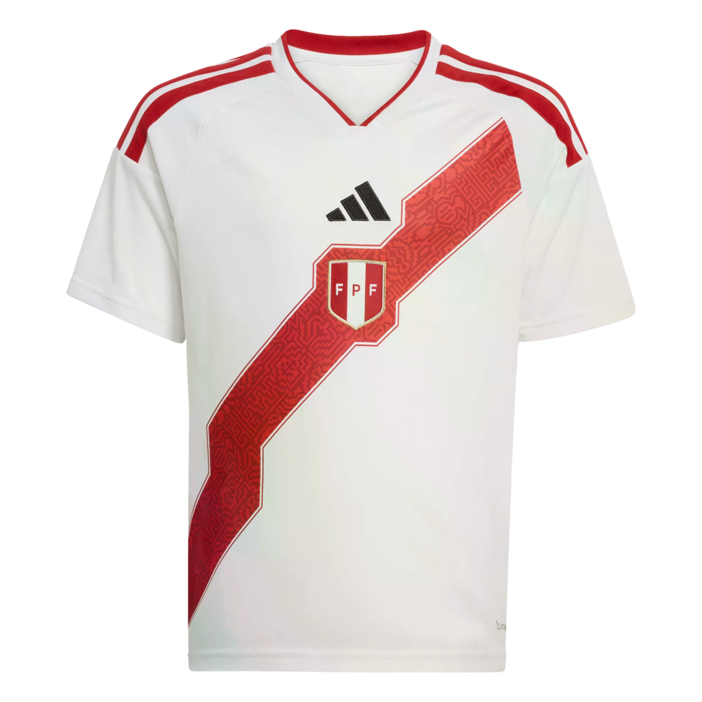 A white Adidas Peru national team soccer jersey with a patterned red diagonal sash, featuring the FPF crest on the center chest and red stripes on the shoulders.