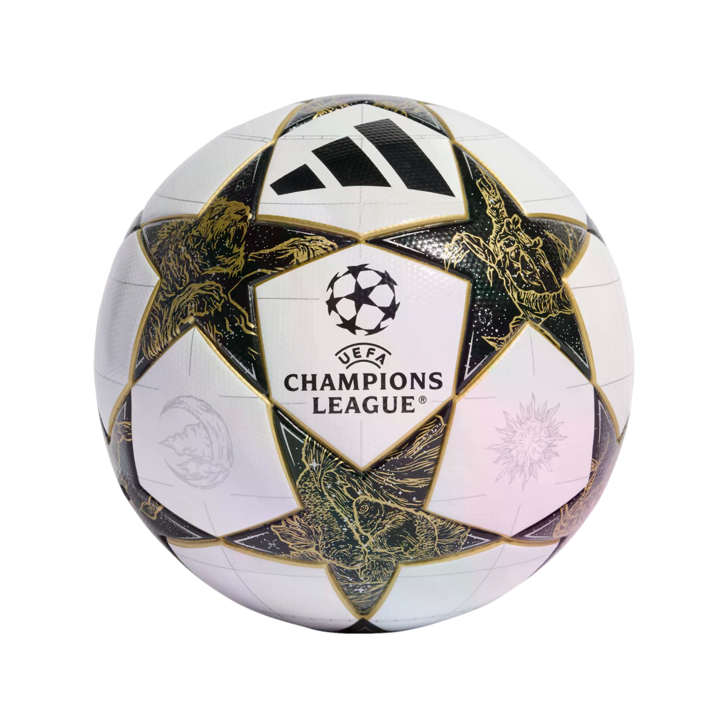 White Adidas UEFA Champions League soccer ball with black and gold star panels featuring intricate illustrations.
