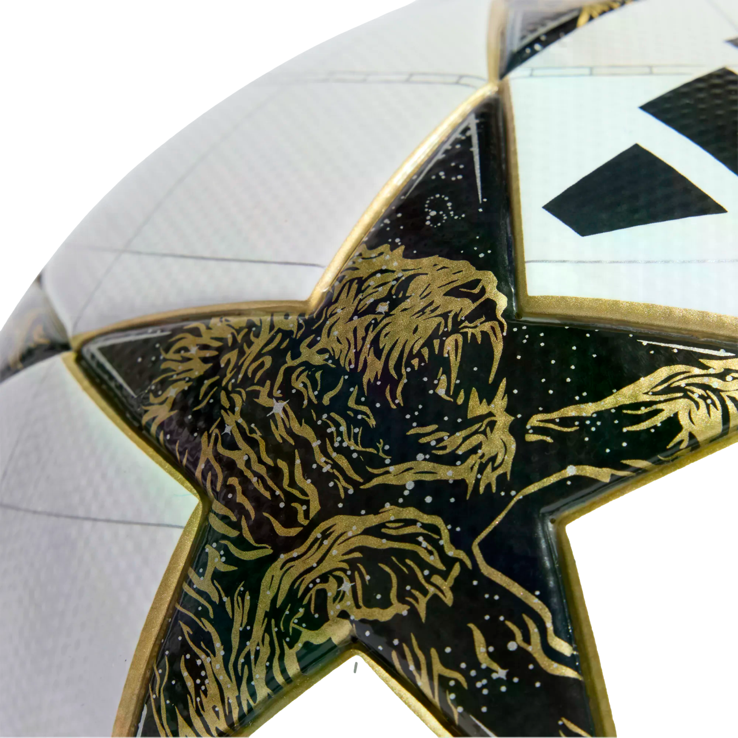 Close-up of a white soccer ball showing a black star-shaped panel outlined in gold, featuring a detailed gold lion graphic and a white speckled pattern.